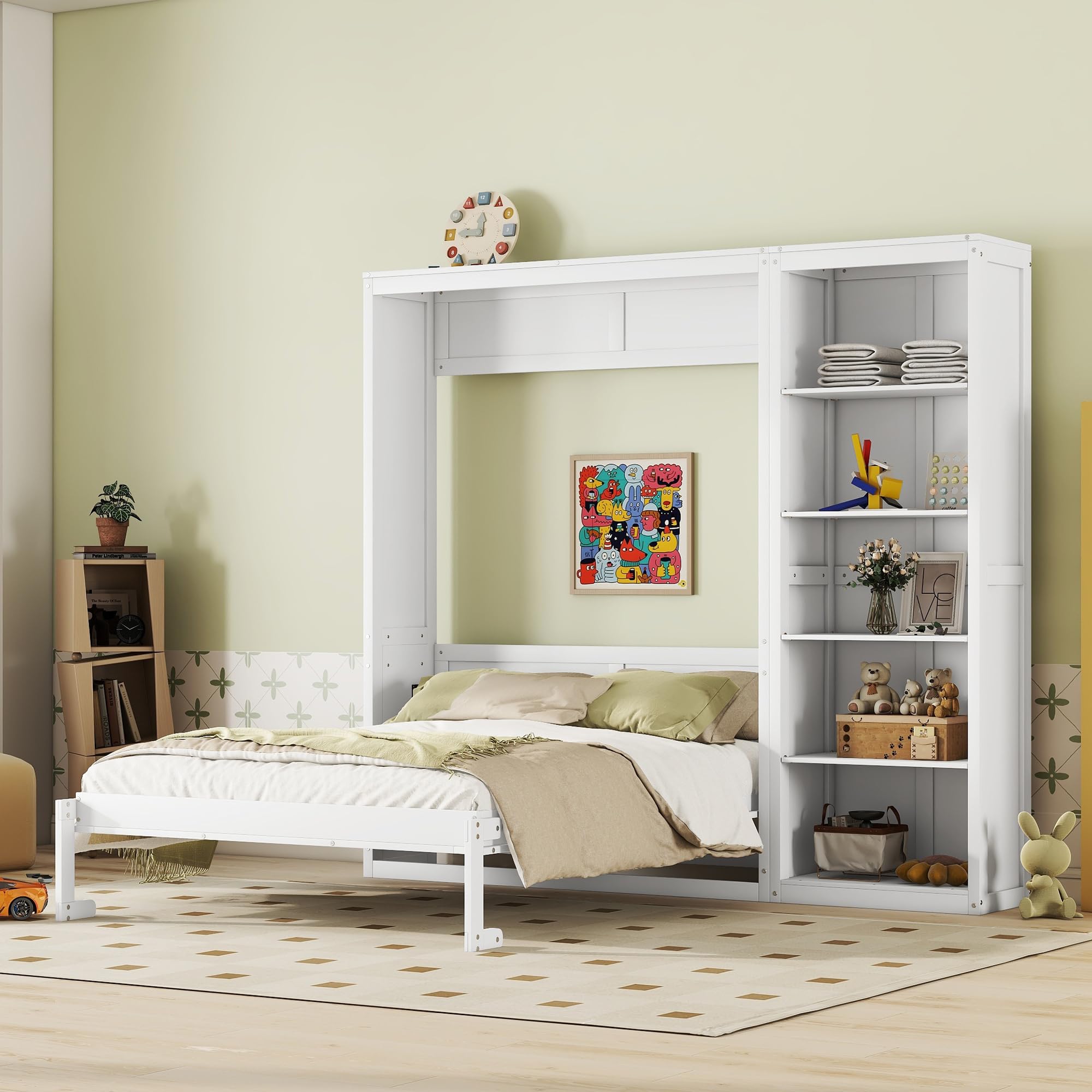 Queen Size Murphy Bed Wall Bed with Storage Shelves, Space-Saving Design