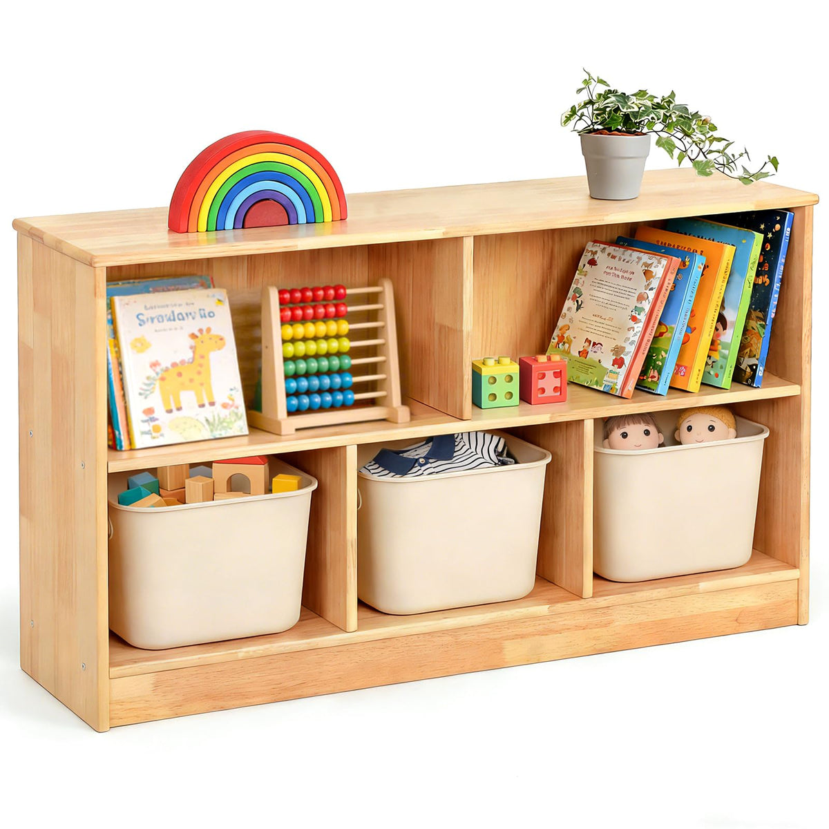 Solid Wood Montessori Bookshelf & Storage Cabinet