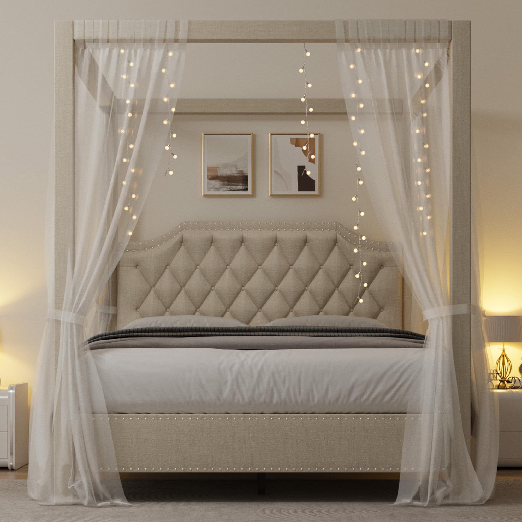 Full Size Canopy Bed Frame with Nailhead Decoration Headboard