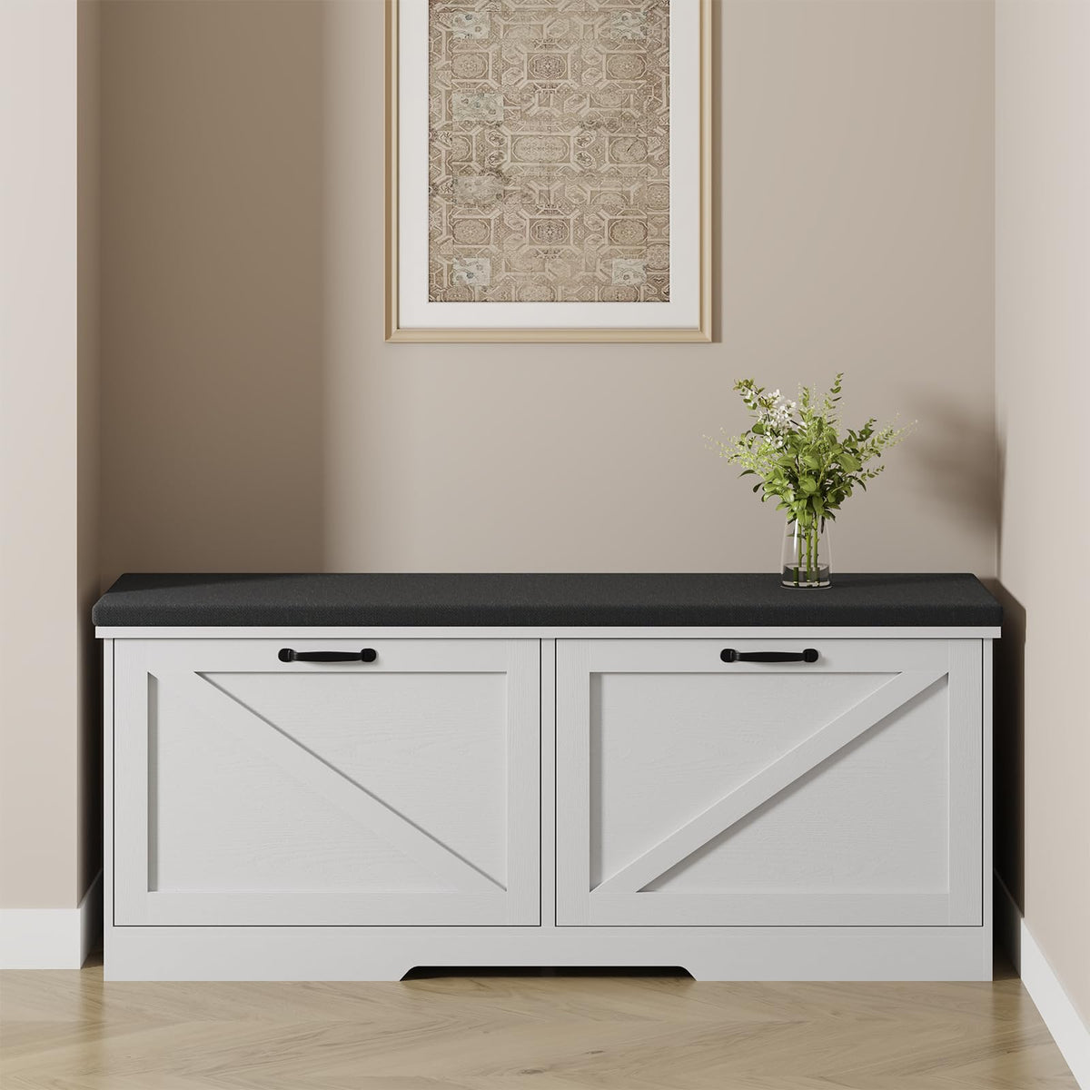 Farmhouse Shoe Storage Bench with Seat Cushion & Flip Drawers