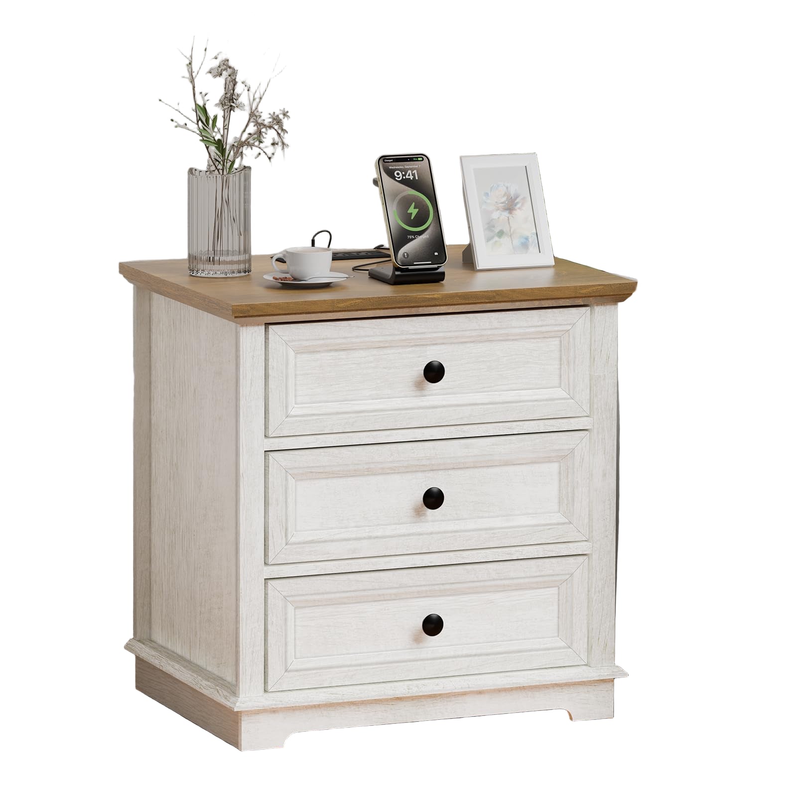 Nightstand with Charging Station, 24” Wide End Table with 3 Drawers
