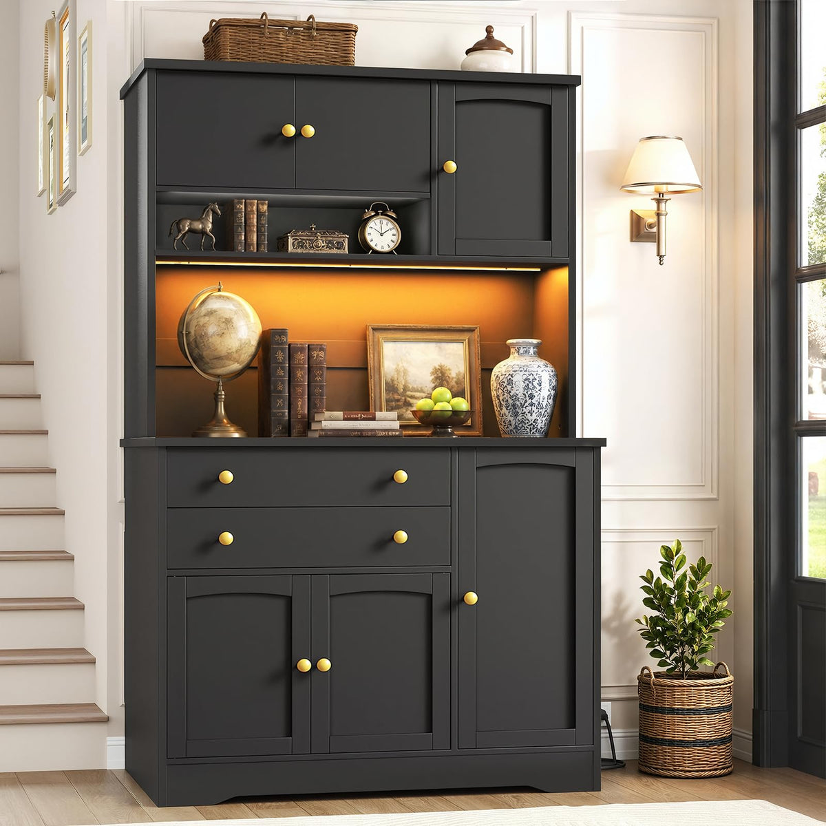 69" Tall Pantry Cabinet with LED Light, Charging Station & Gold Handles
