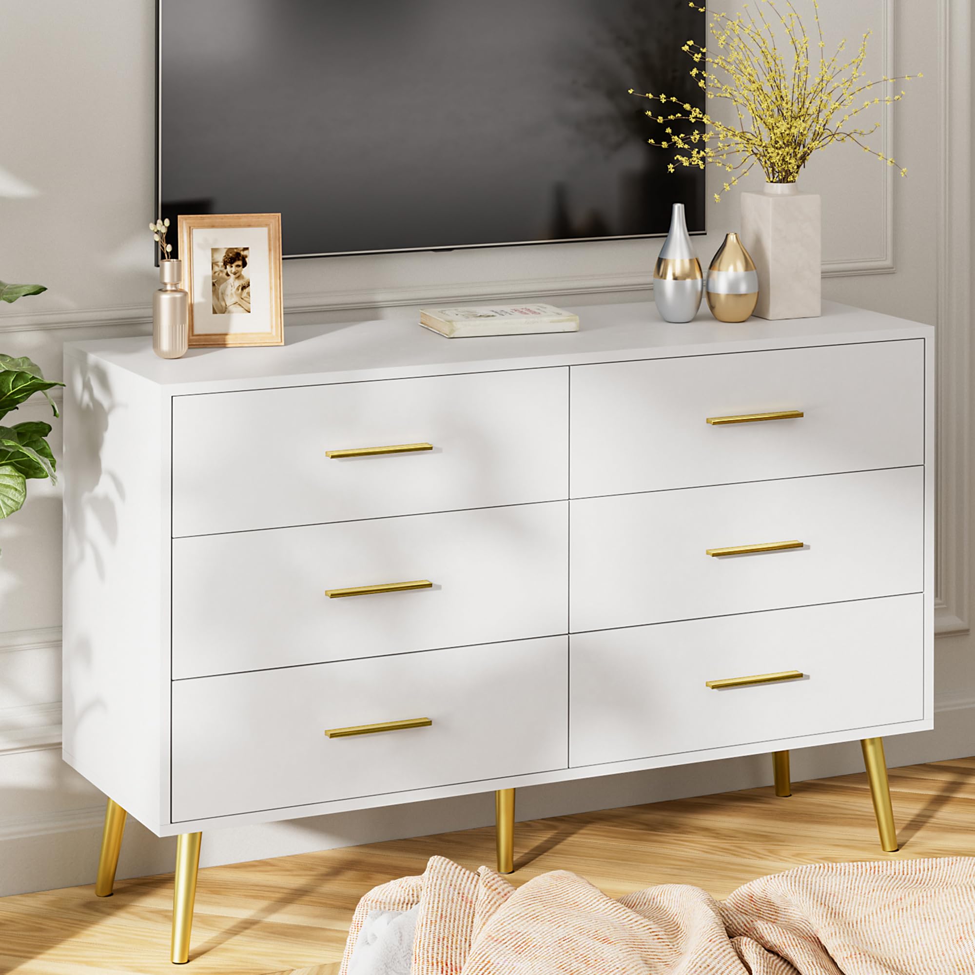 White Dresser for Bedroom, 6 Drawer Wood Double Dresser with Gold Handles
