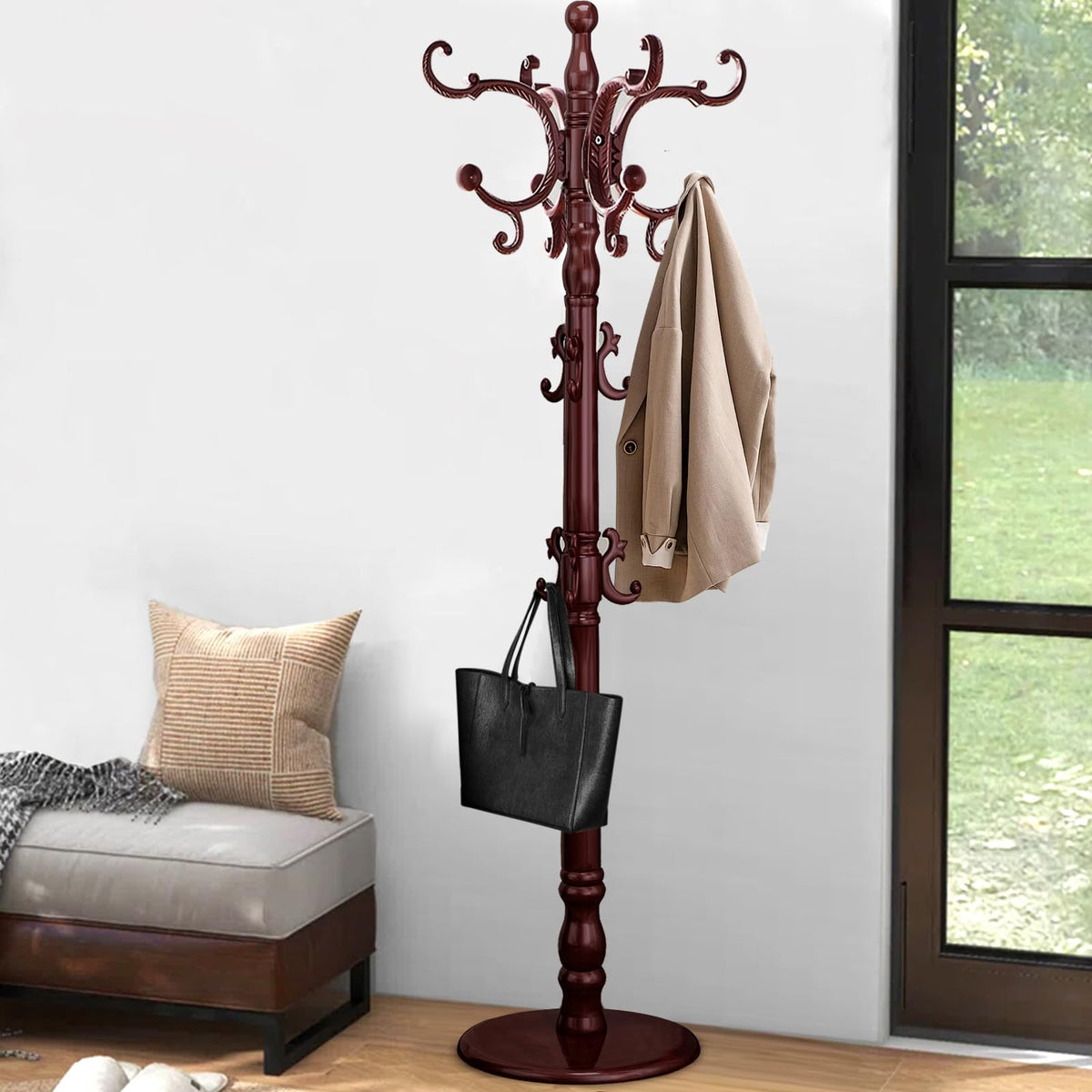 Freestanding Wooden Coat Rack with 14 Hooks