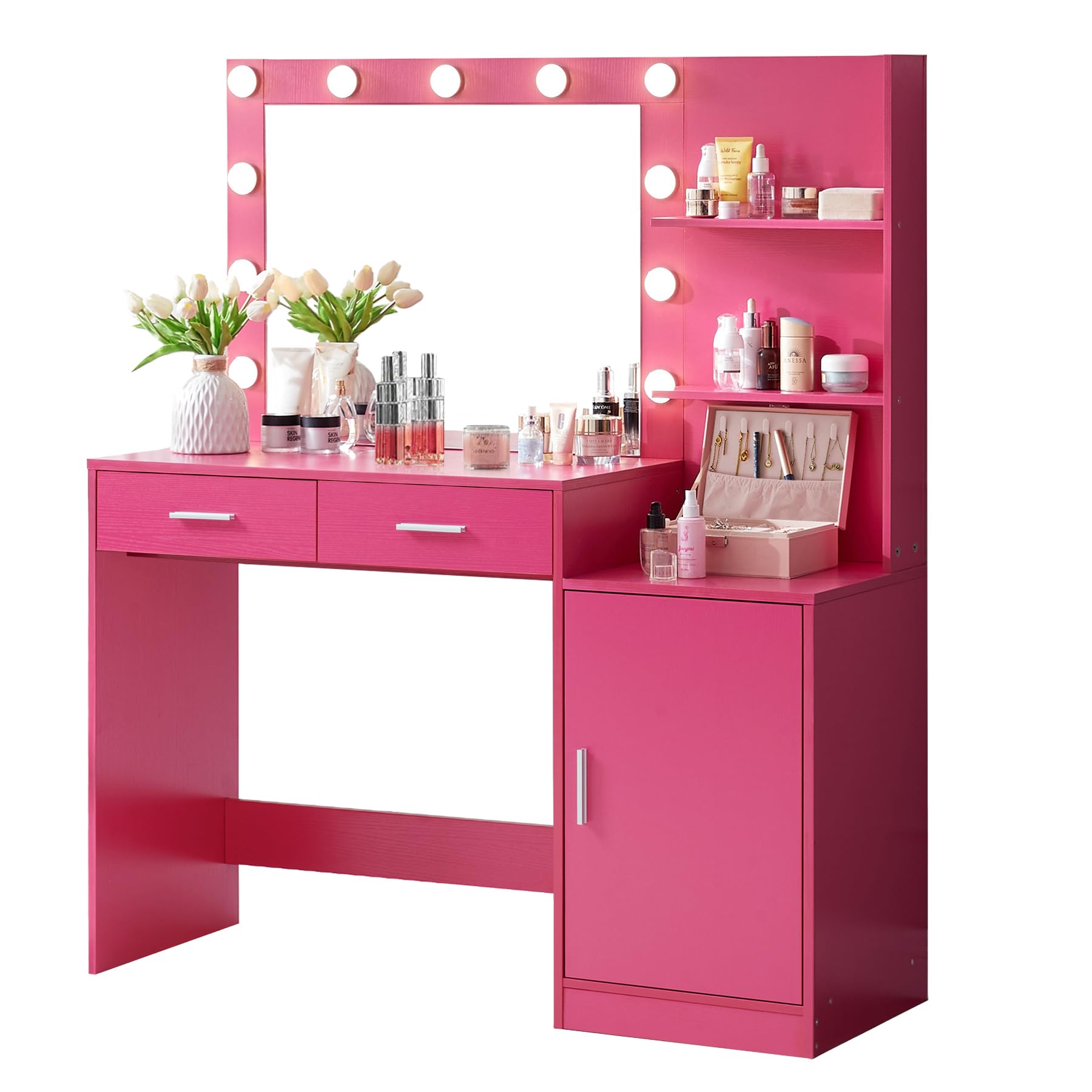 46.7" Vanity Desk with Mirror & LED Lights, Dressing Table with 2 Large Drawers