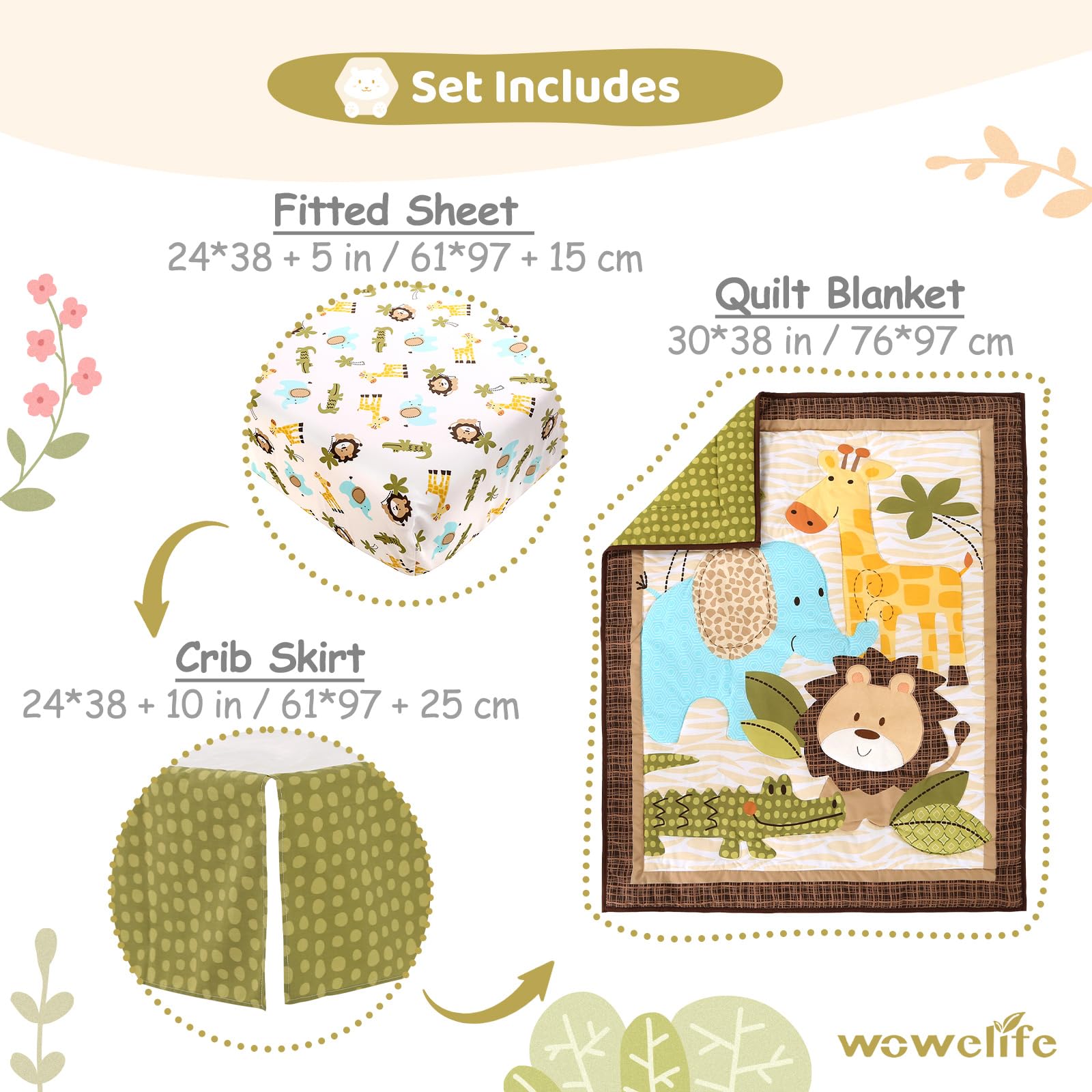 Wowelife Safari Crib Bedding Set, Mini Crib Bedding Set Boy. 3-Piece Mini Crib Comforter Set Nursery Bedding Sets for Boys Include Crib Comforter, Skirt and Sheet, Brown