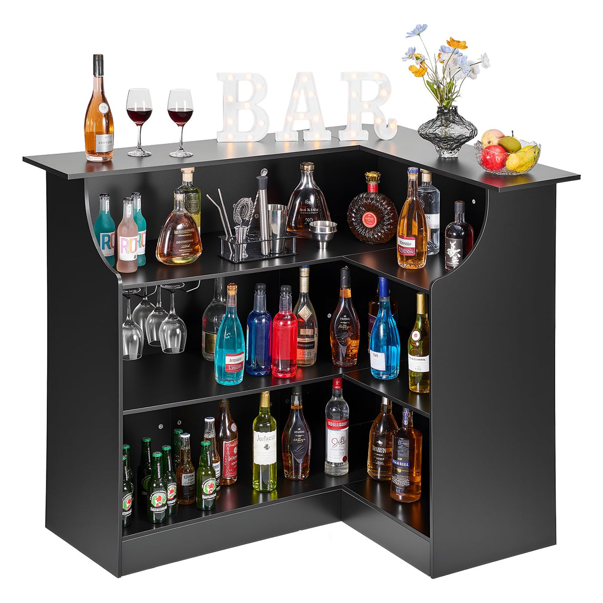VEVOR Home Bar Unit, L-Shaped Wine Bar Cabinet Table 4-Tier with Storage Shelves, Wine Glass Holder, 300 lbs Max Capacity, Wood Liquor Cabinet for Home, Kitchen, Living Room, Pub, Basement, Black