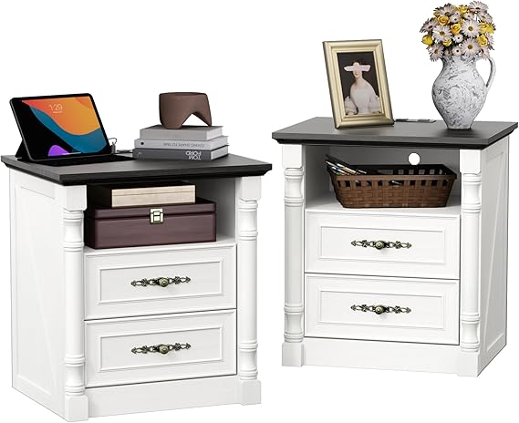 Farmhouse Nightstand with Charging Station and 2 Storage Drawers
