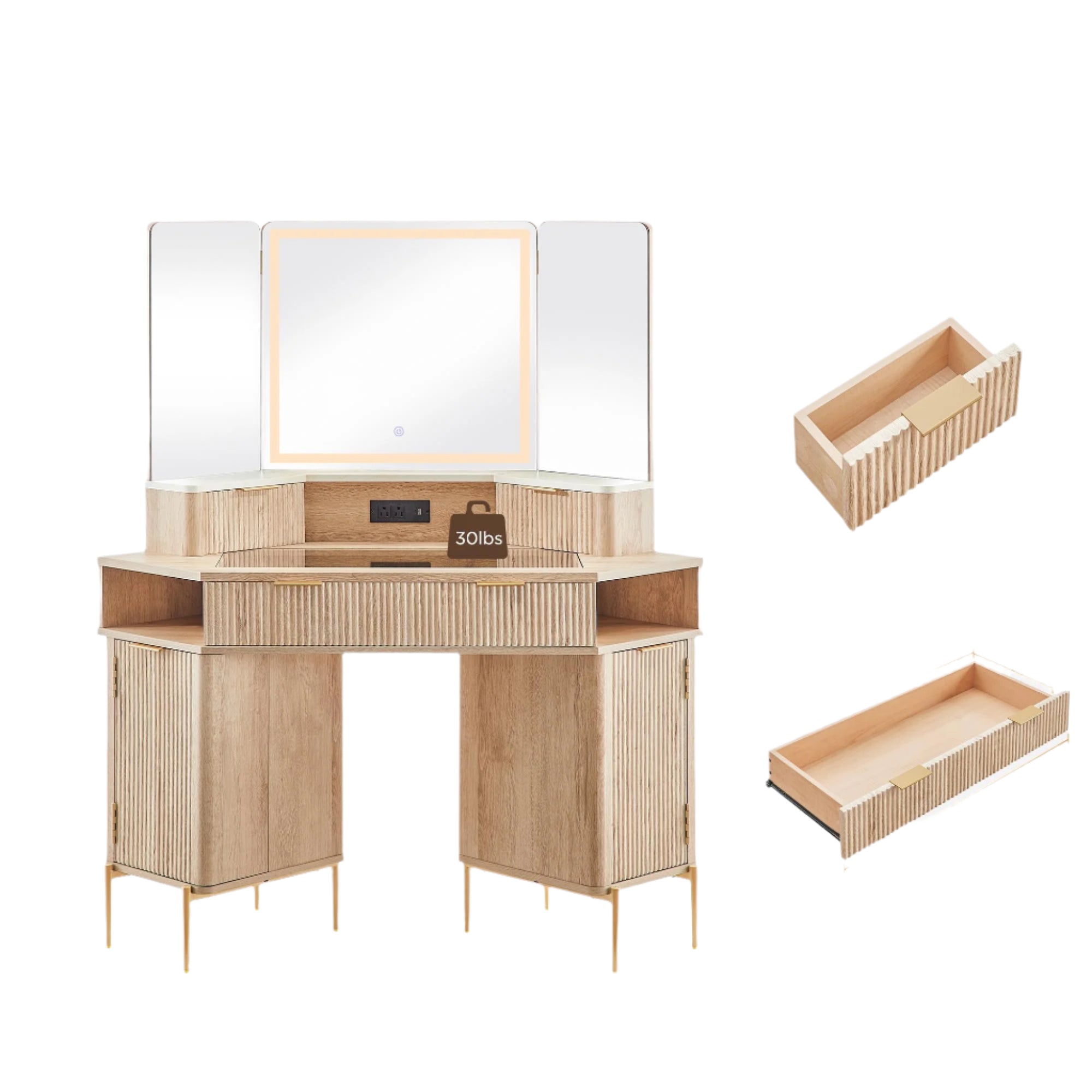 Fluted Makeup Vanity Desk with HD Triple Mirror and Light
