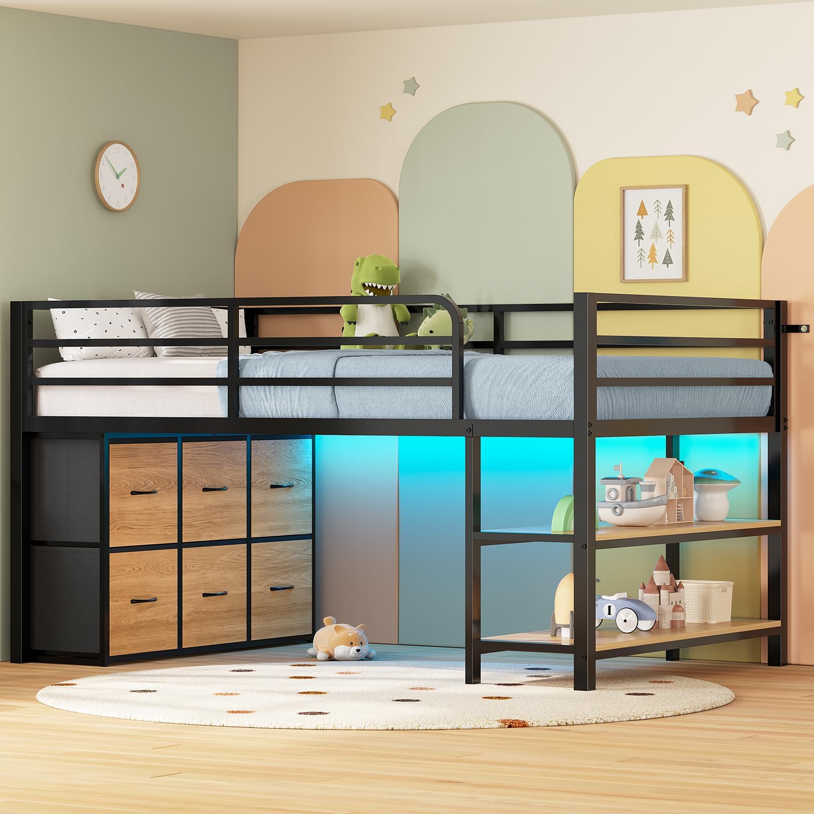 Low Loft Bed with 6 Storage Drawers, Twin Loft Bed with LED Lights
