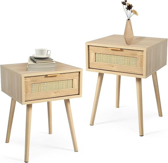 Nightstands Set of 2 with Rattan Drawer, Modern Night Stand for Bedrooms
