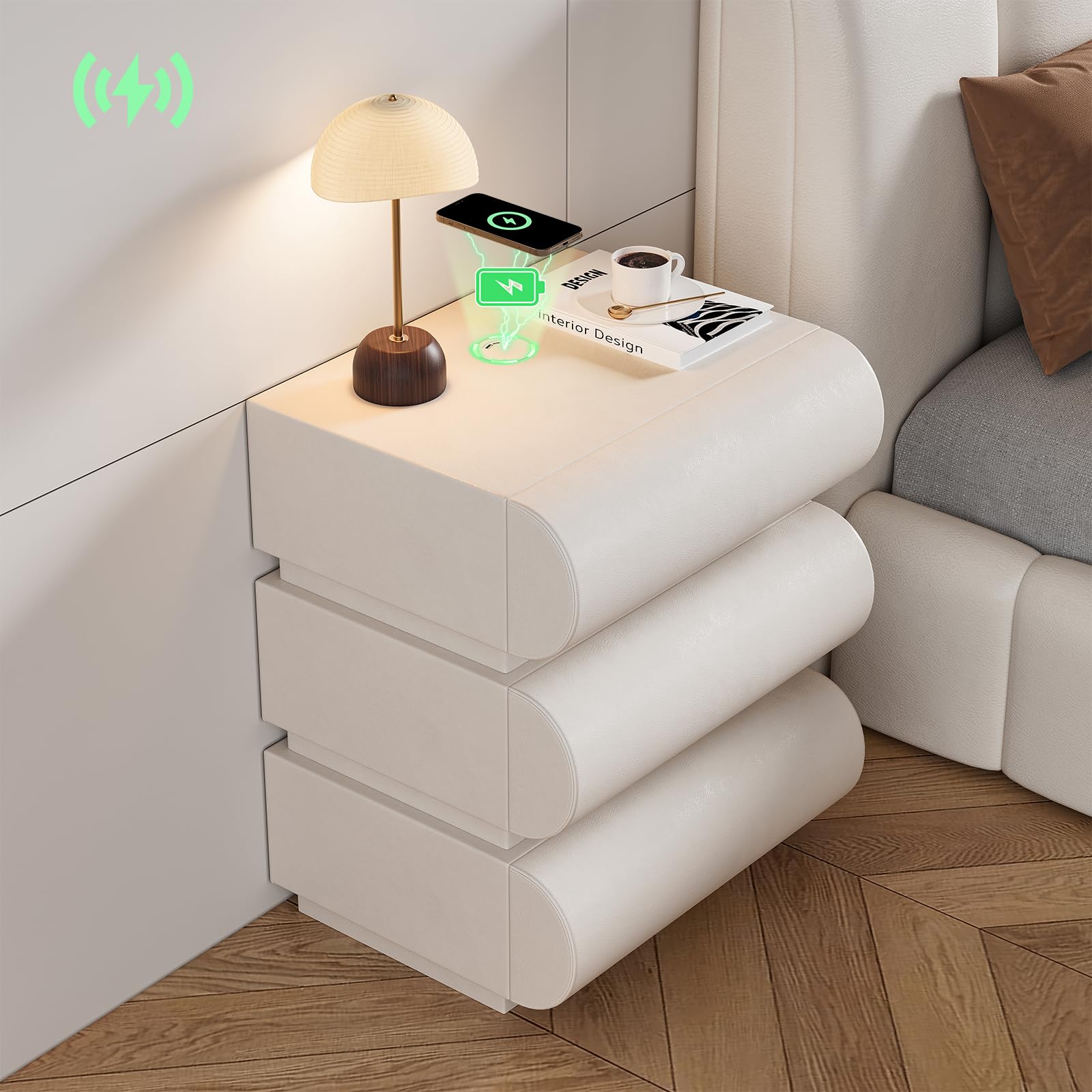 Smart Nightstand with Drawers Modern White Leather Nightstands