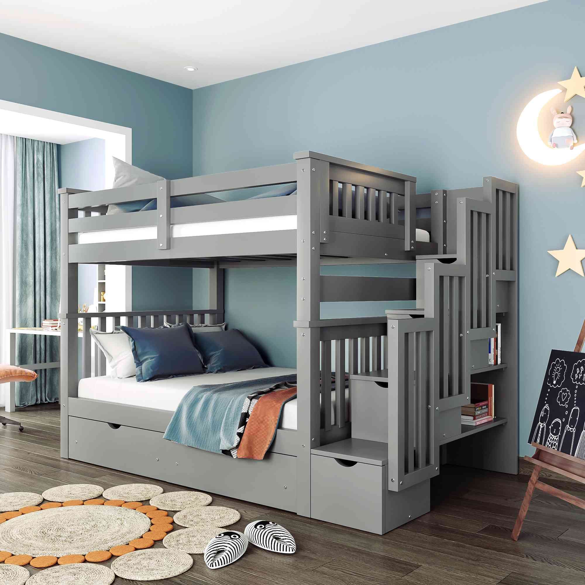 Full Bunk Bed with Stairs and 6 Storage Drawers, Wood Stairway