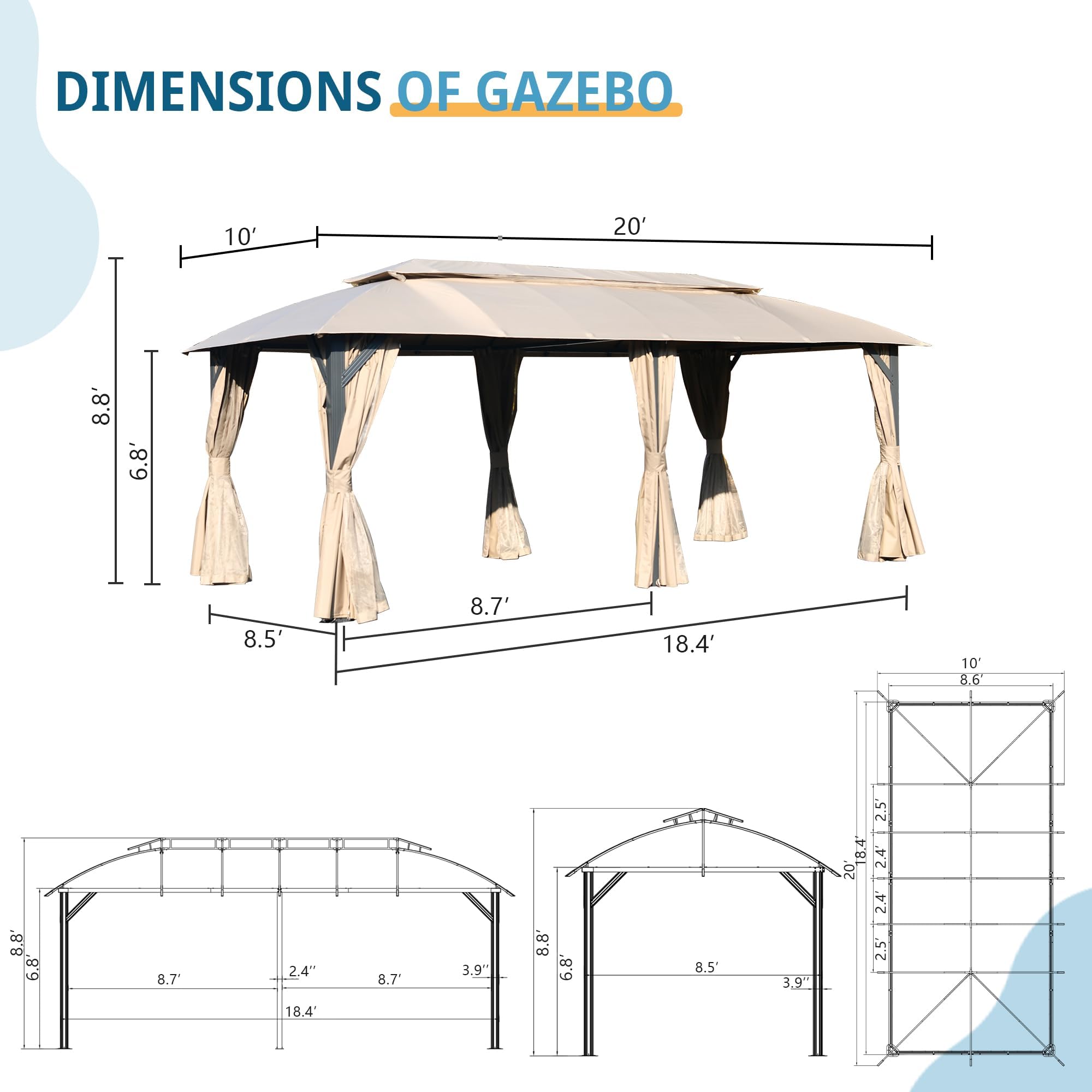 THEMEPT Spacious 10x20FT Outdoor Gazebo for Relaxation and Gatherings, Includes Privacy Curtains and Mosquito Nets, Heavy Duty Metal Frame, Brown