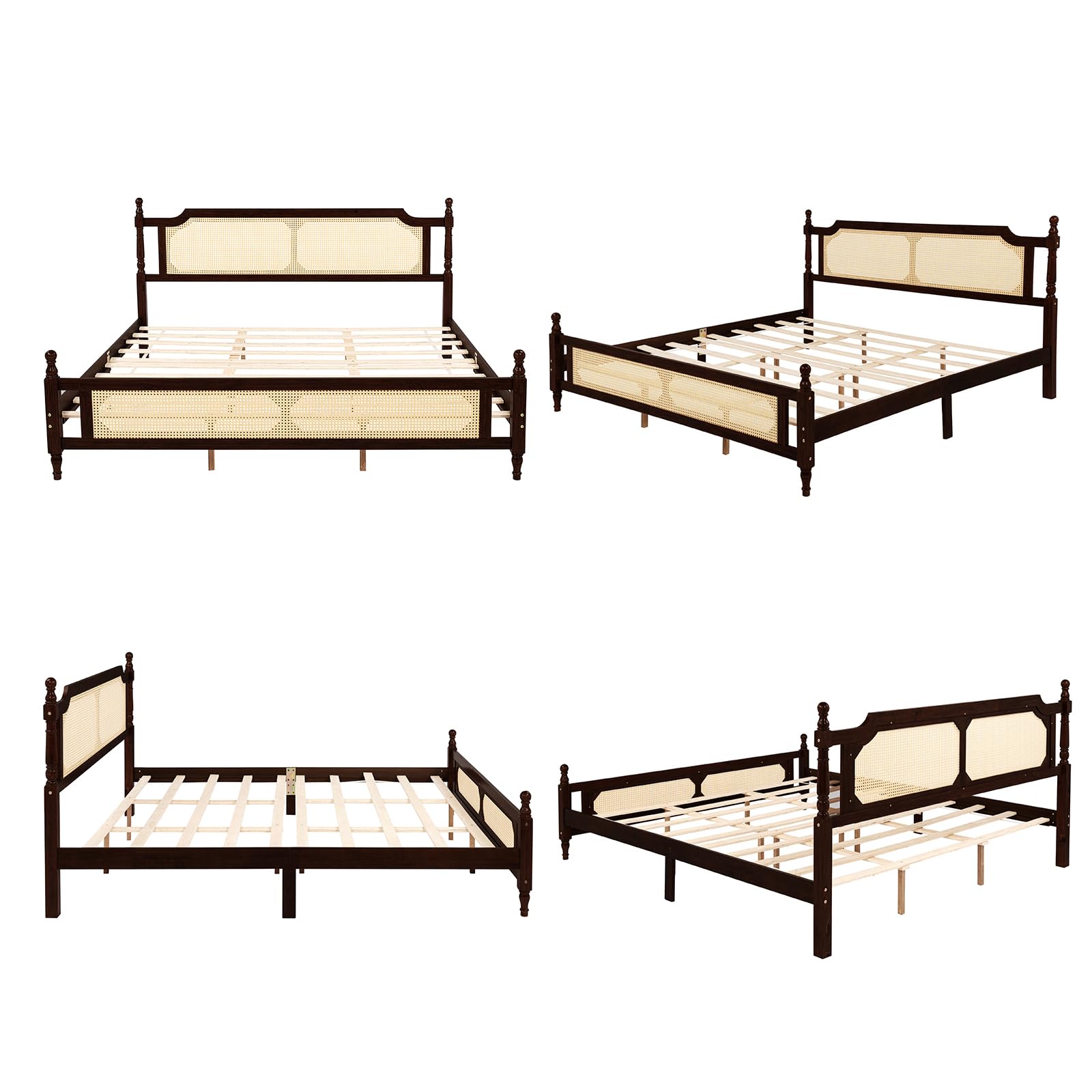 Pine Wood Bed Frame with Rattan Headboard, King Size - Modern Farmhouse Platform Bed