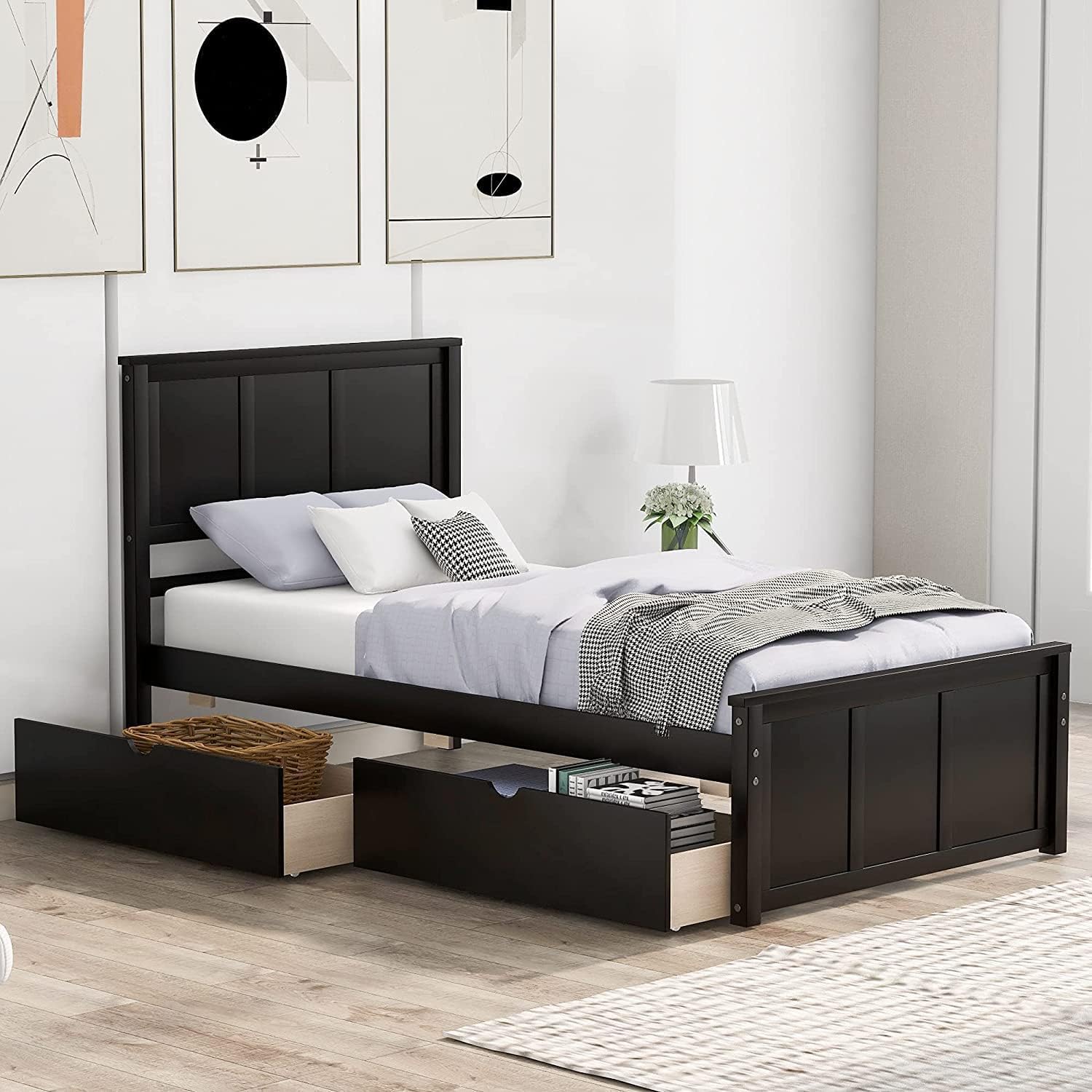 Bed with Drawers/Wooden Storage Bed with Headboard/Wood Slat Support