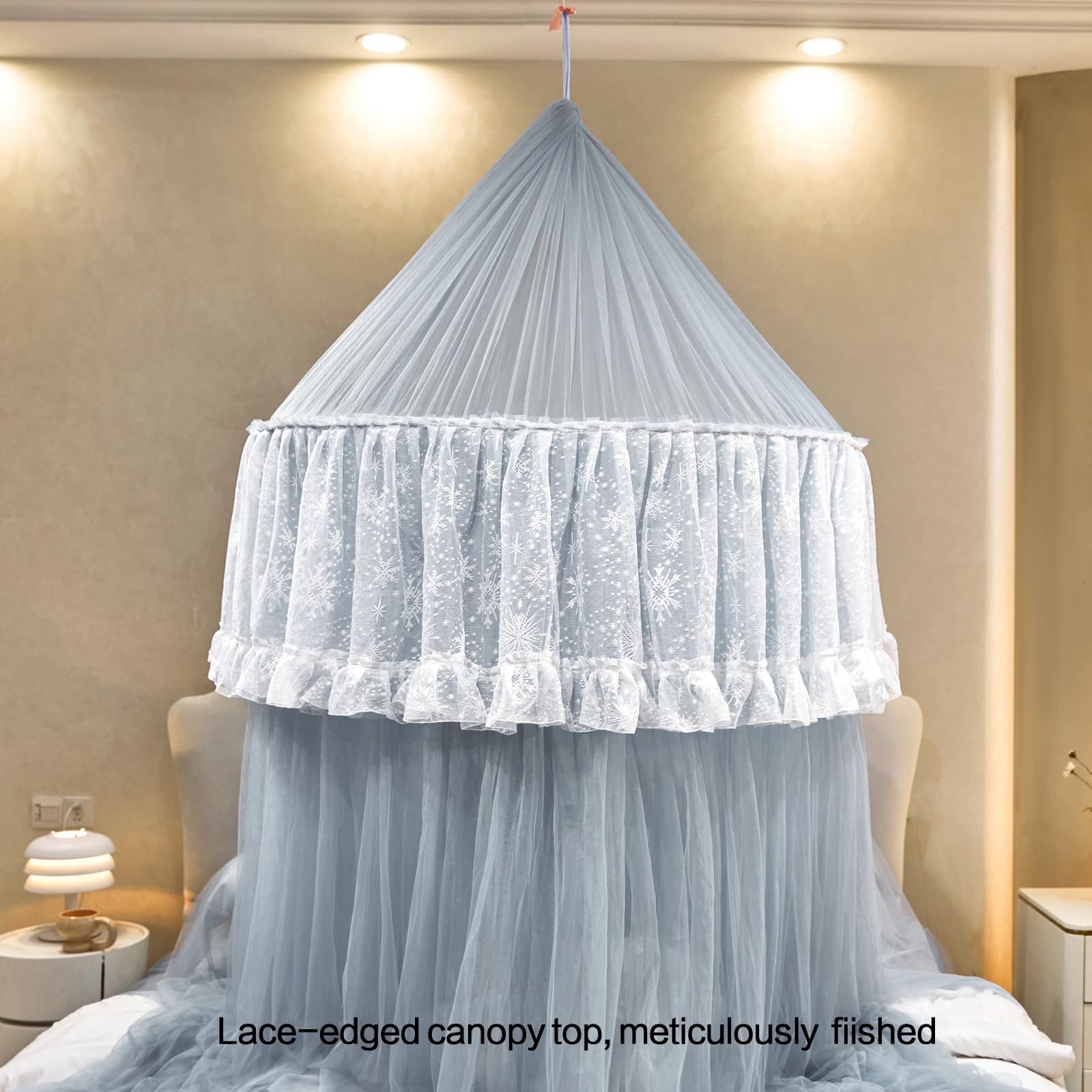 Princess Bed Canopy for Girls – Double Layer Sheer Mesh Dome with Romantic Lace Trim