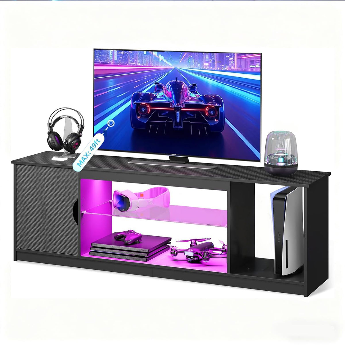 57" LED Gaming TV Stand with RGB Lighting & Tempered Glass Shelves