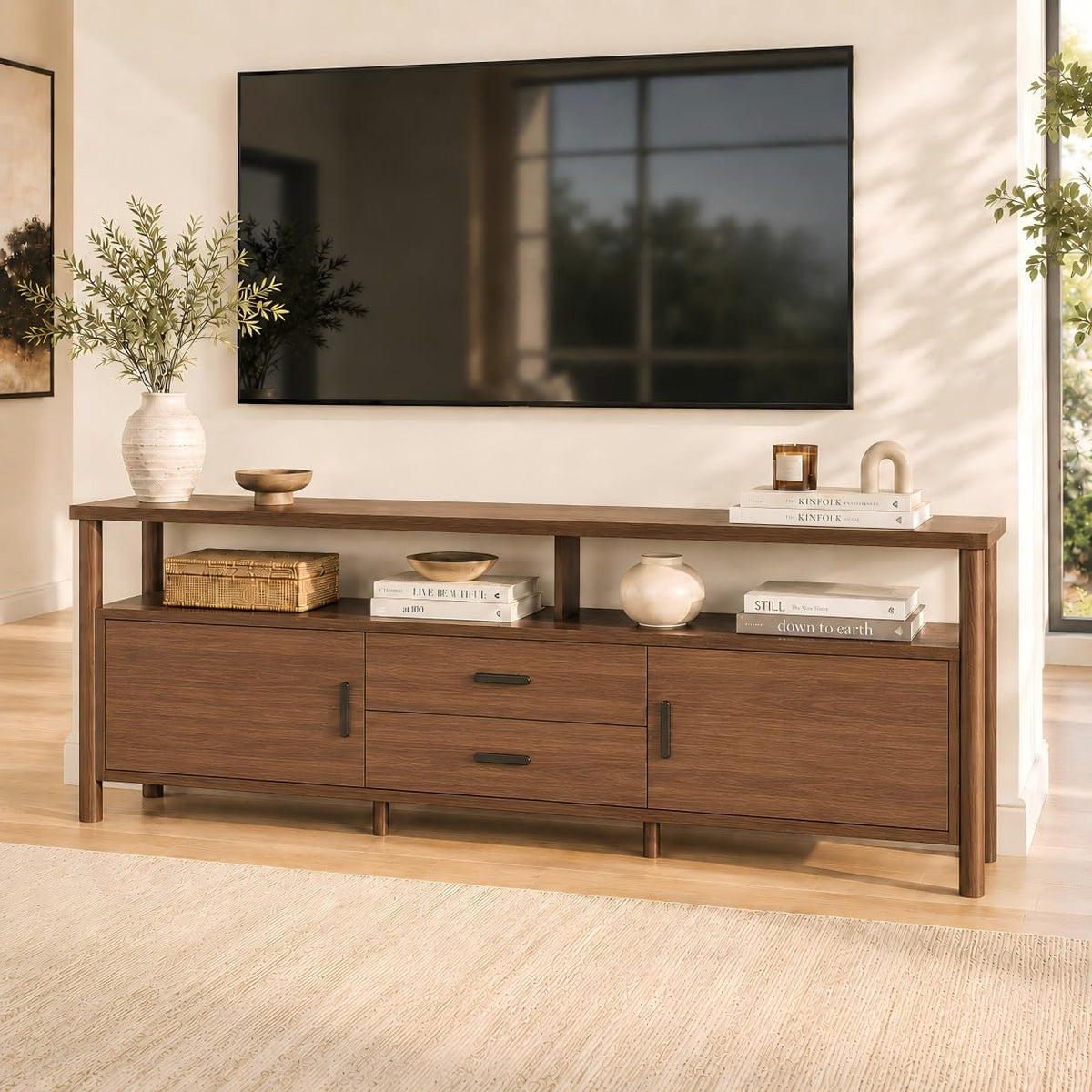 70" TV Stand – Mid-Century Modern Entertainment Center with Open Shelves, Drawers & Cabinets