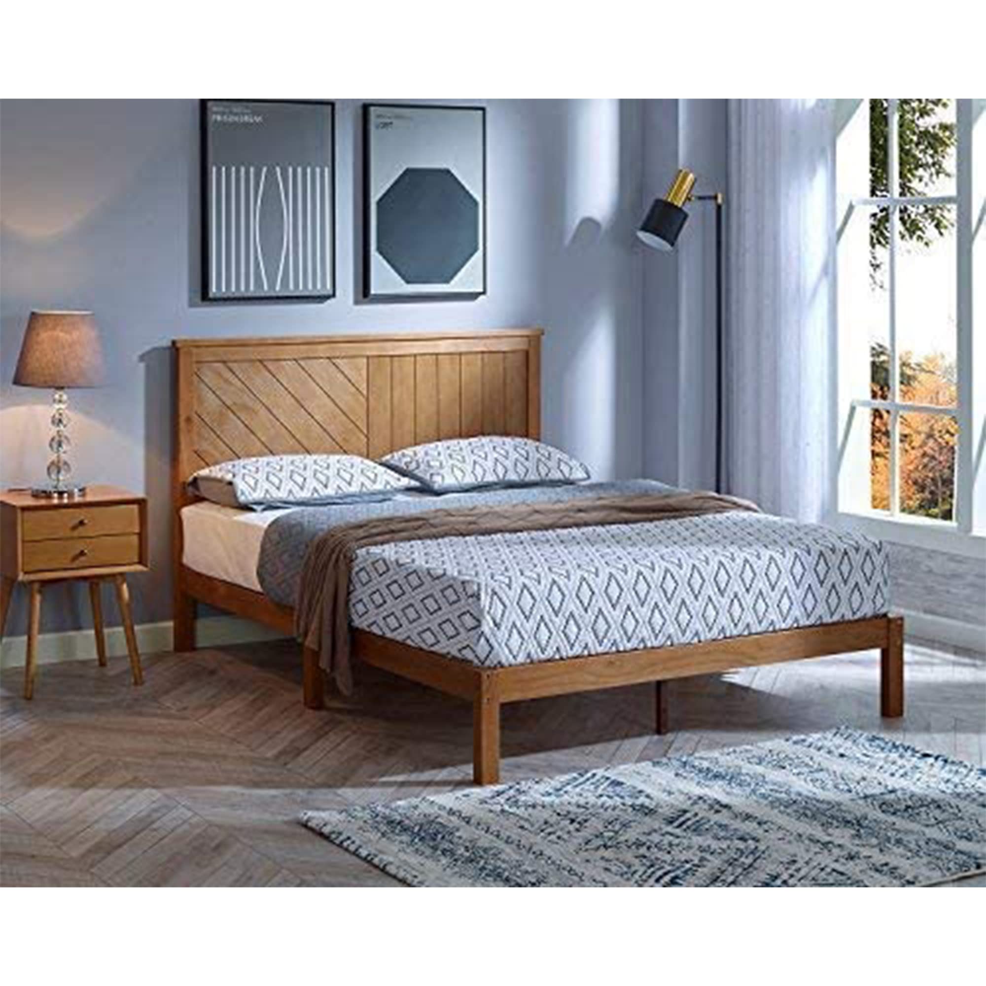 Solid Wood Platform Bed with Headboard for Bedroom
