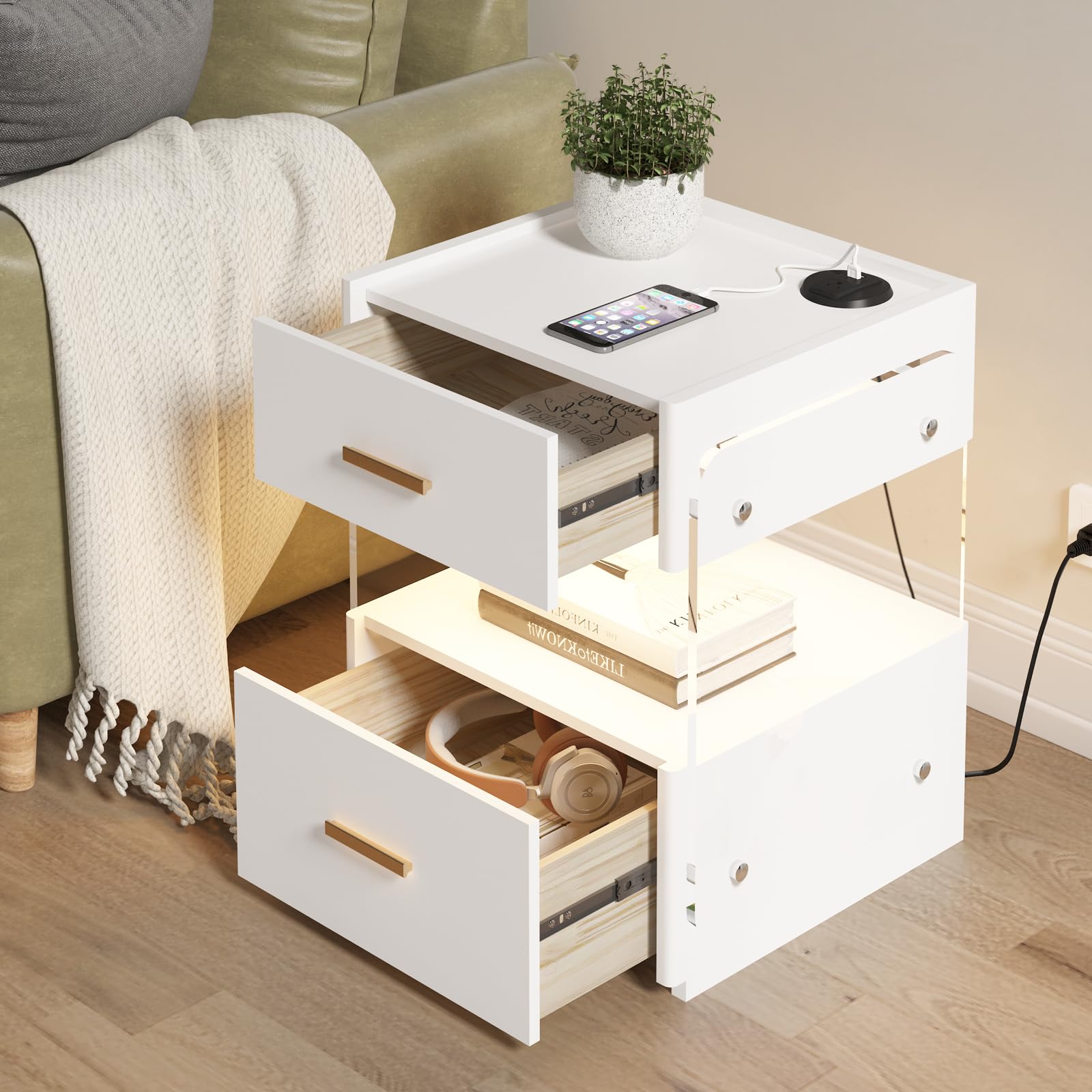 Night Stand with 2 Drawers, White Nightstand with Charging Station and LED Lights