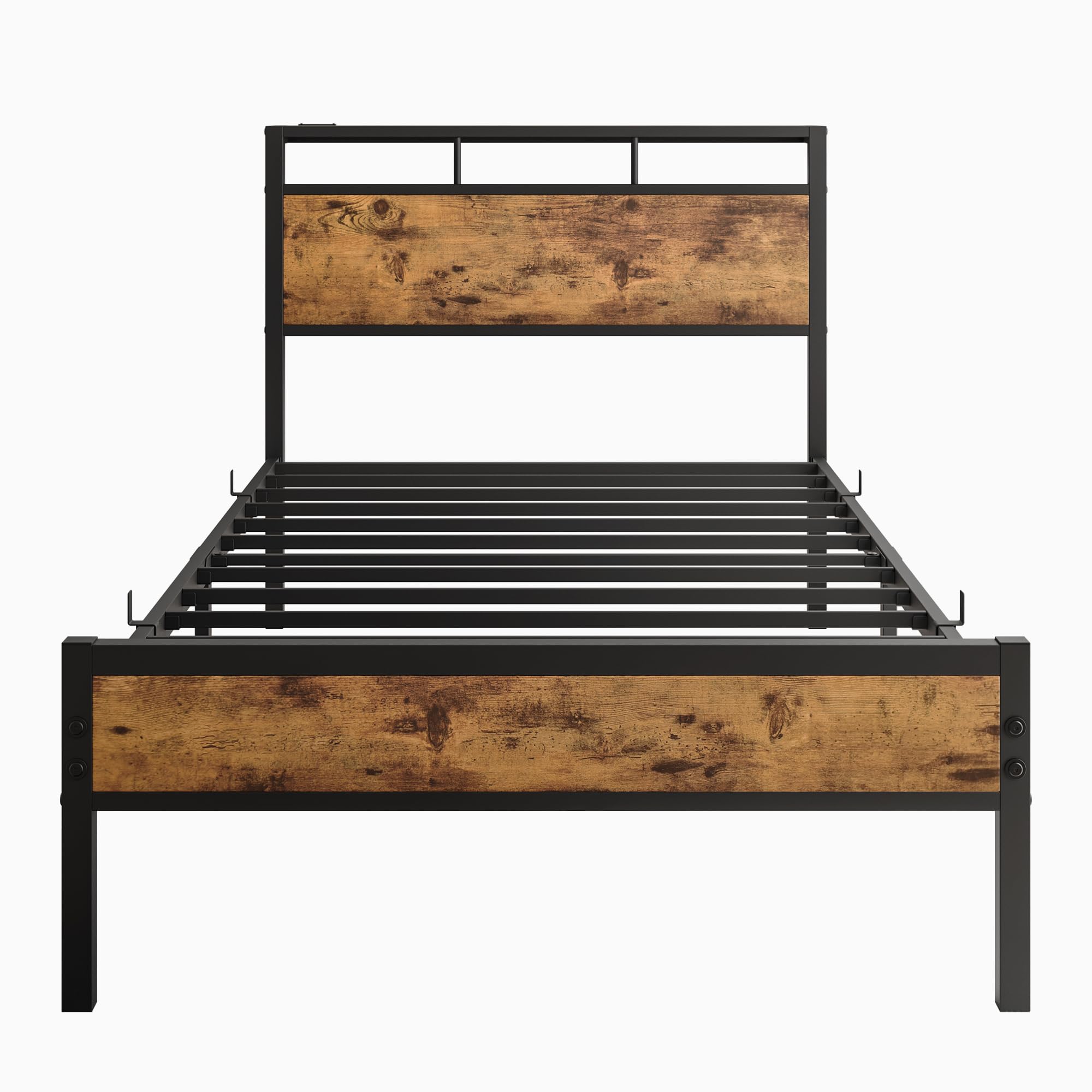 Twin Bed Frame with Headboard Storage,Single Wood Bed Frame