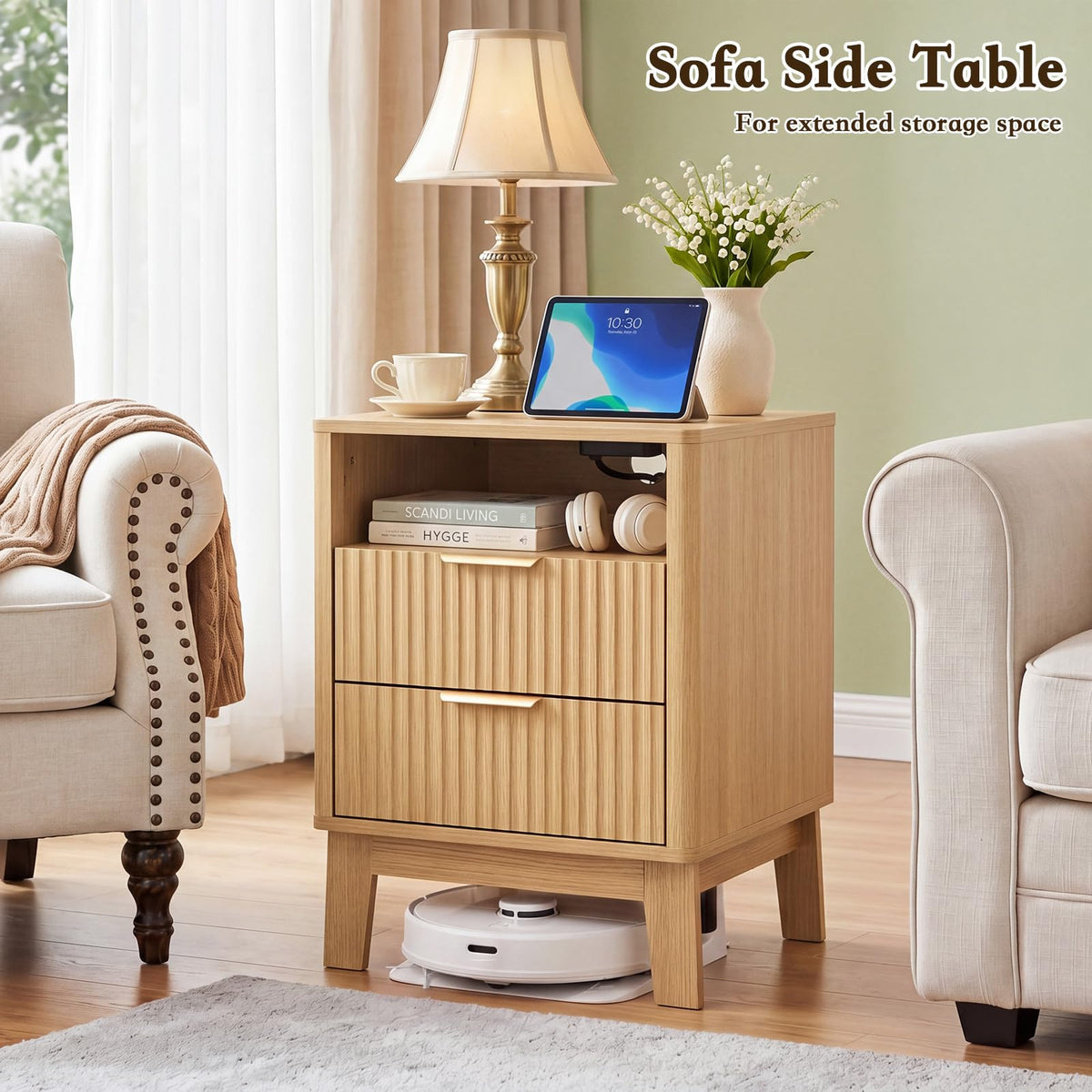 Fluted Nightstand Set of 2 – LED Lights, Charging Station, 2 Drawers, Natural Oak
