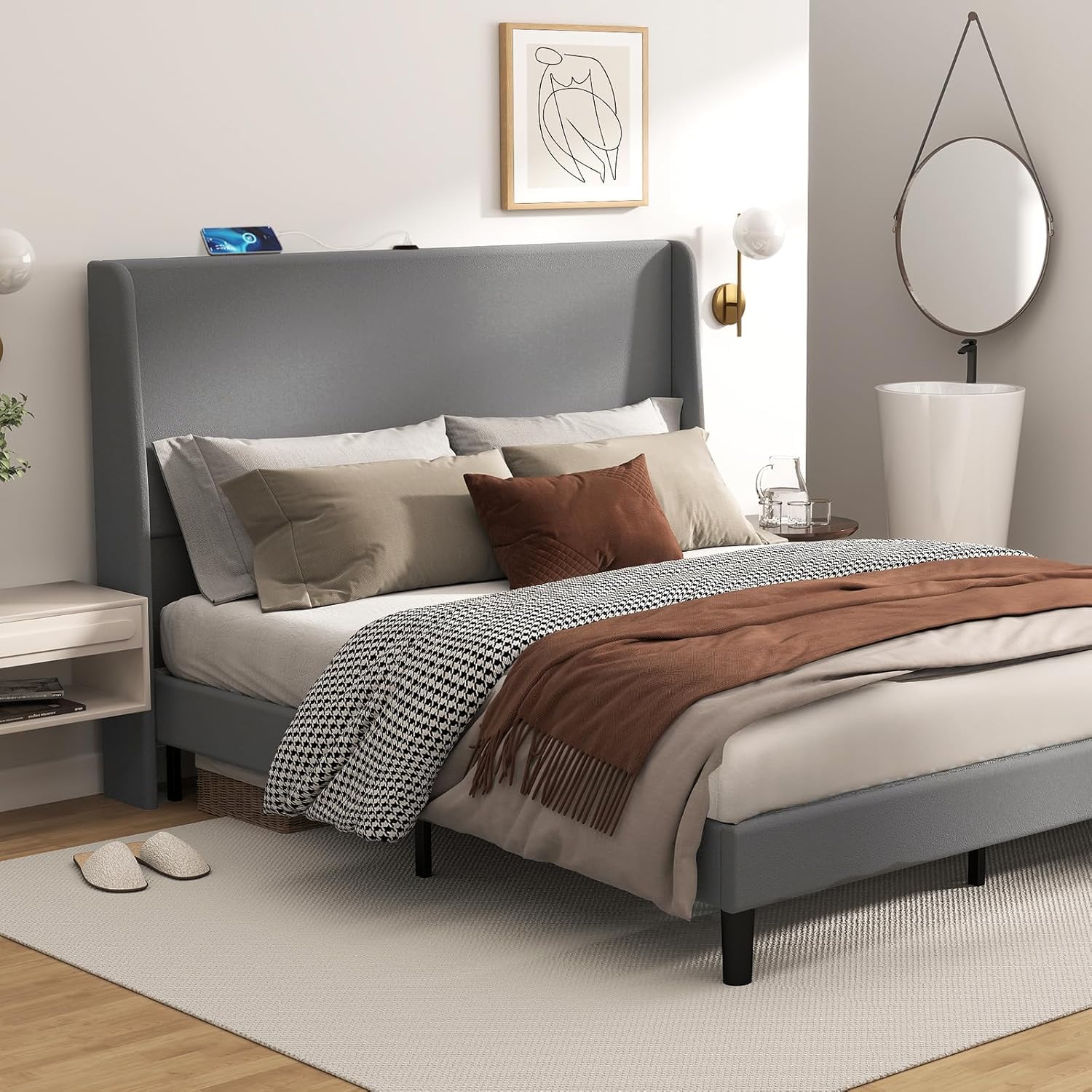 Queen Size Bed Frame, Upholstered Platform Bed Frame