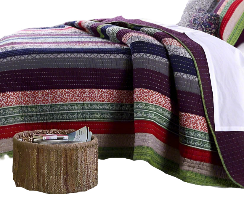 3 Piece Multi Patchwork Stripes Pattern Oversize Quilt King Set