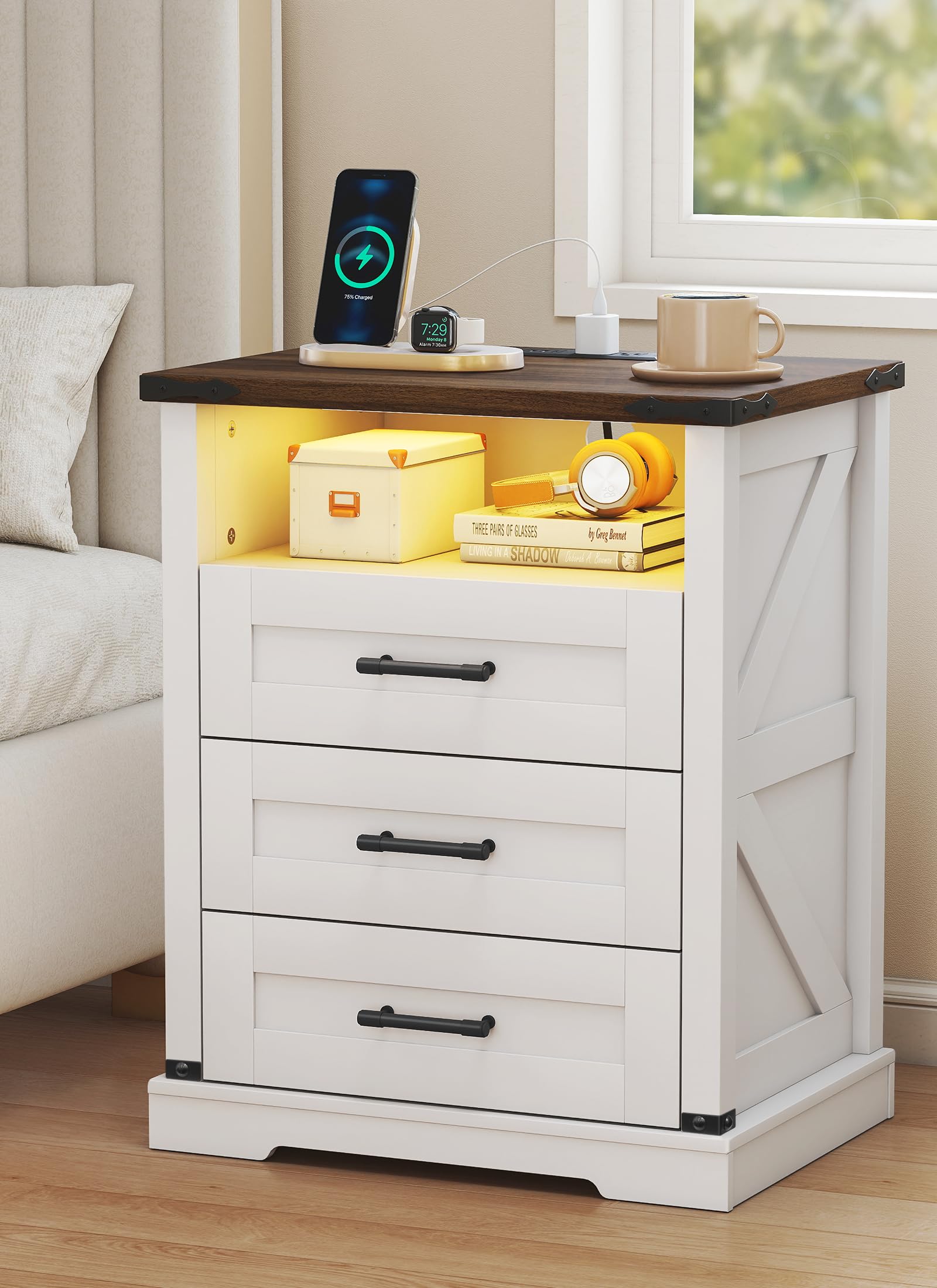 Night Stand with Charging Station 22" Large Farmhouse Nightstands