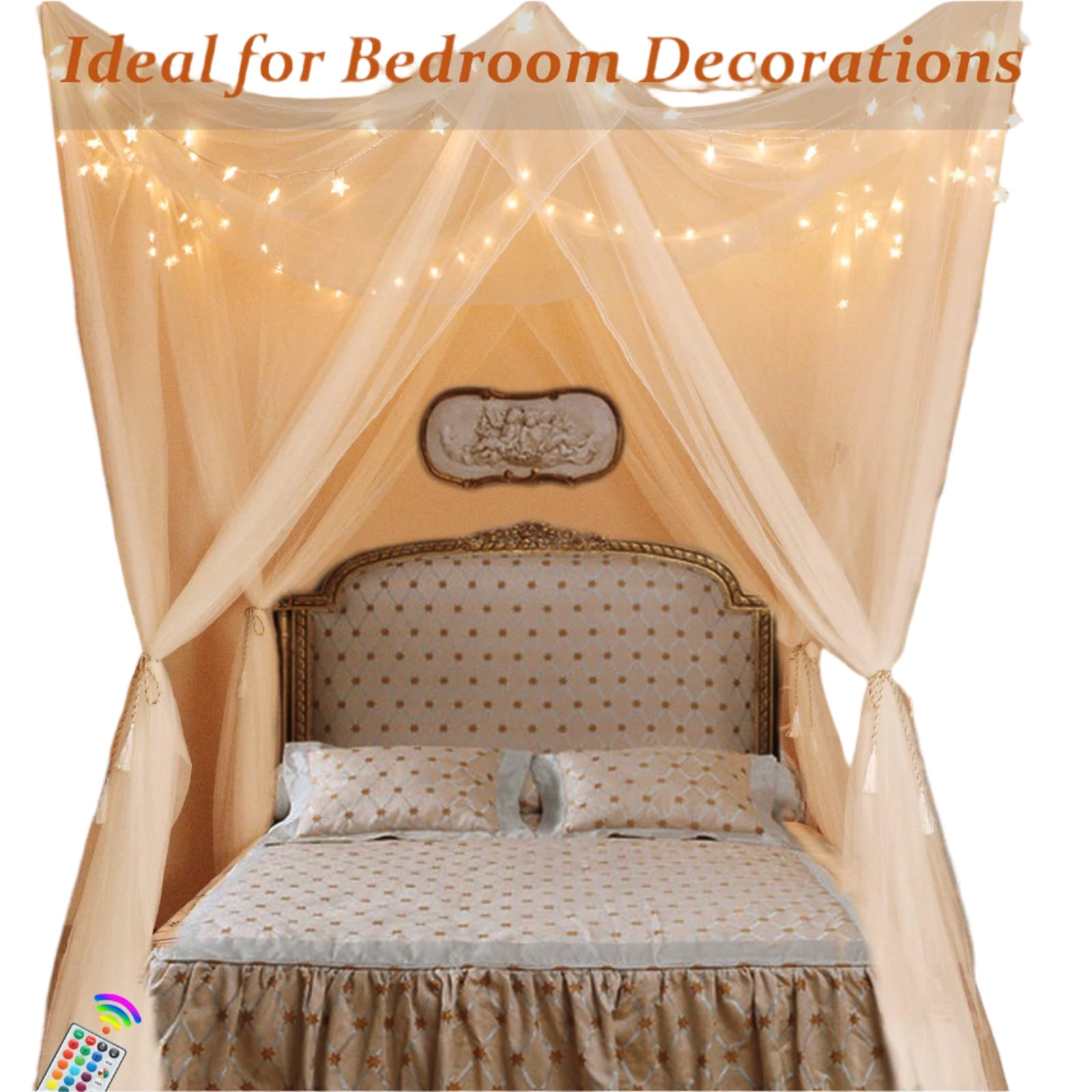 White Bed Canopy with Star Lights for Girls, 8 Corner Post Princess Canopy Bed Curtains