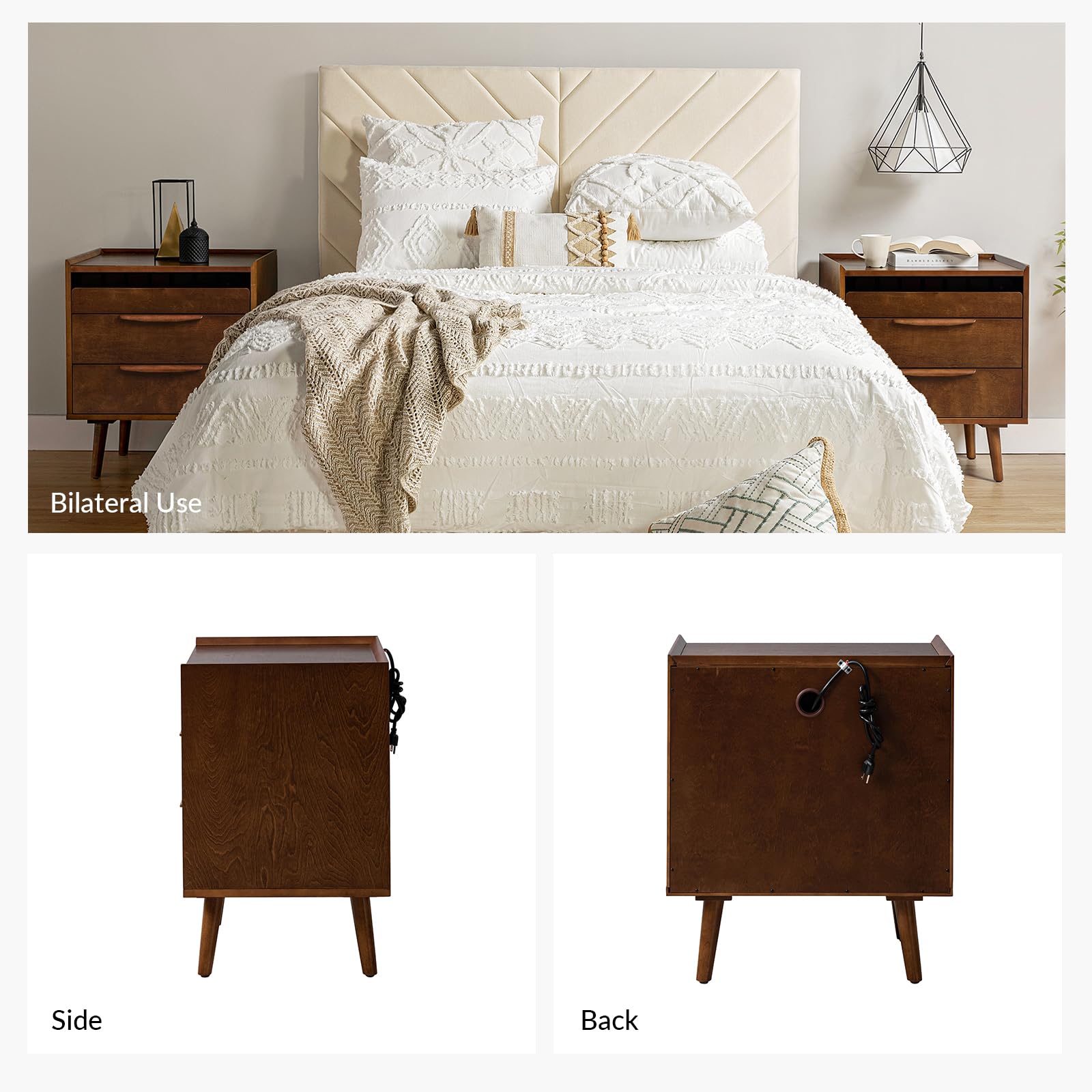 HULALA HOME 2 Drawer Nightstand with Charging Station, Mid-Century Modern Bedside Tables with Wood Legs, Wood Night Stand with Pull-Out Shelf Set of 2, Walnut