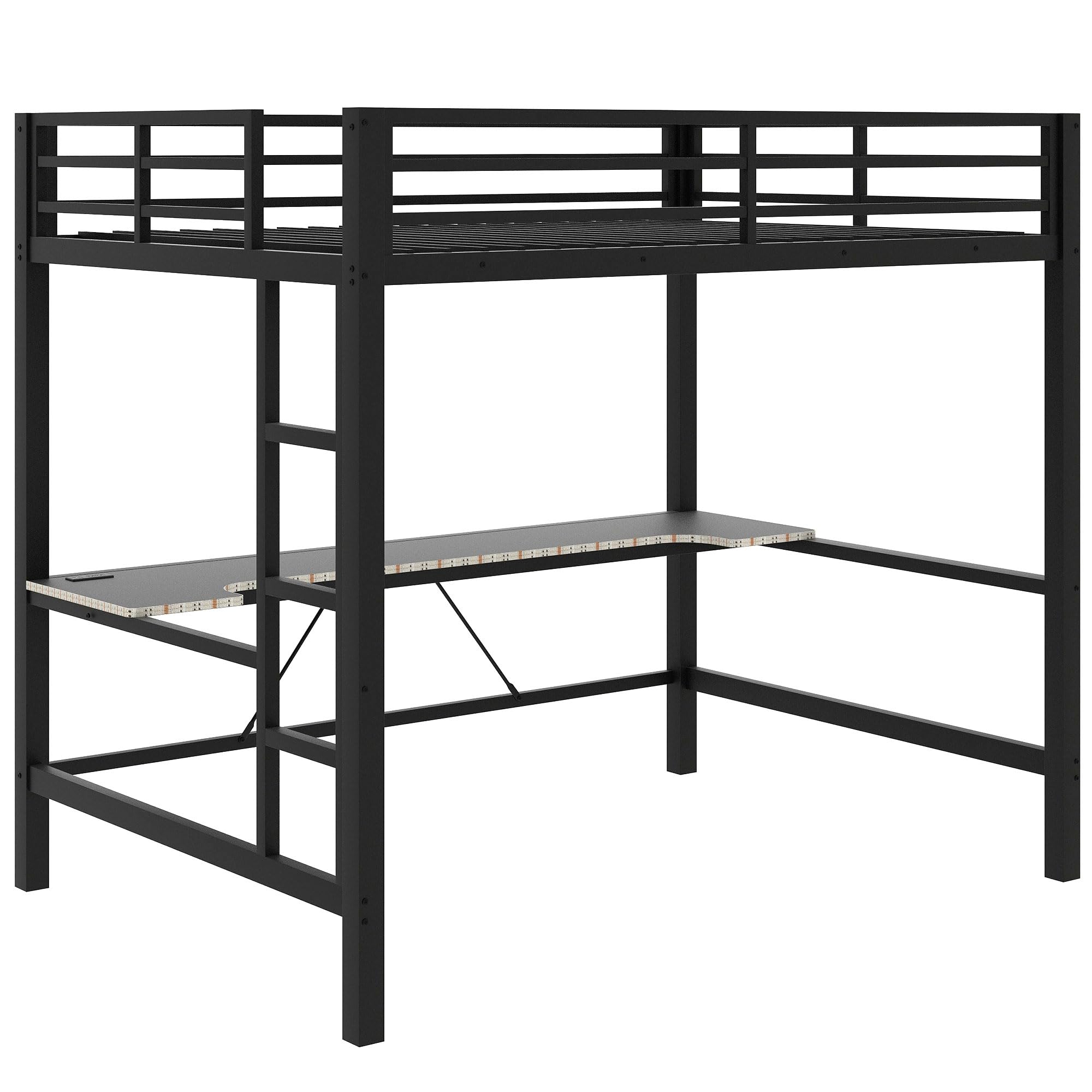 Full Gaming Loft Bed with Desk & LED Lights, Heavy-Duty Metal Loft Bed