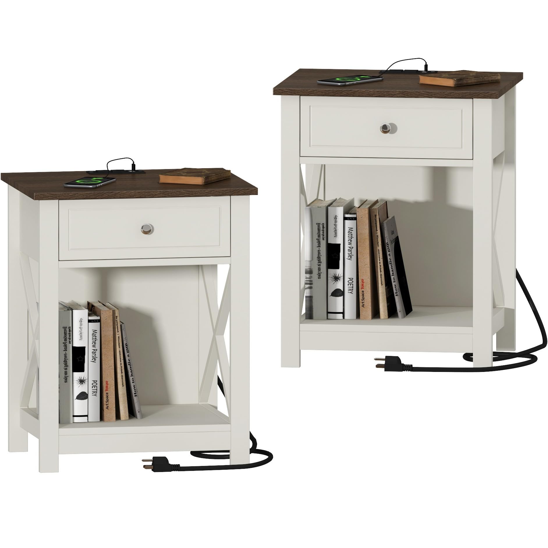 Farmhouse End Table Set of 2,Nightstand with Charging Station, X-Design Side Table
