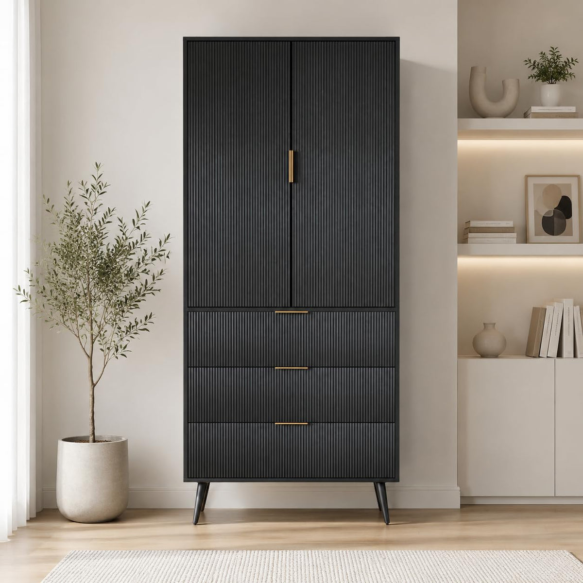 Trygoal Fluted Tall Cabinet Kitchen Pantry with Adjustable Shelves, Black