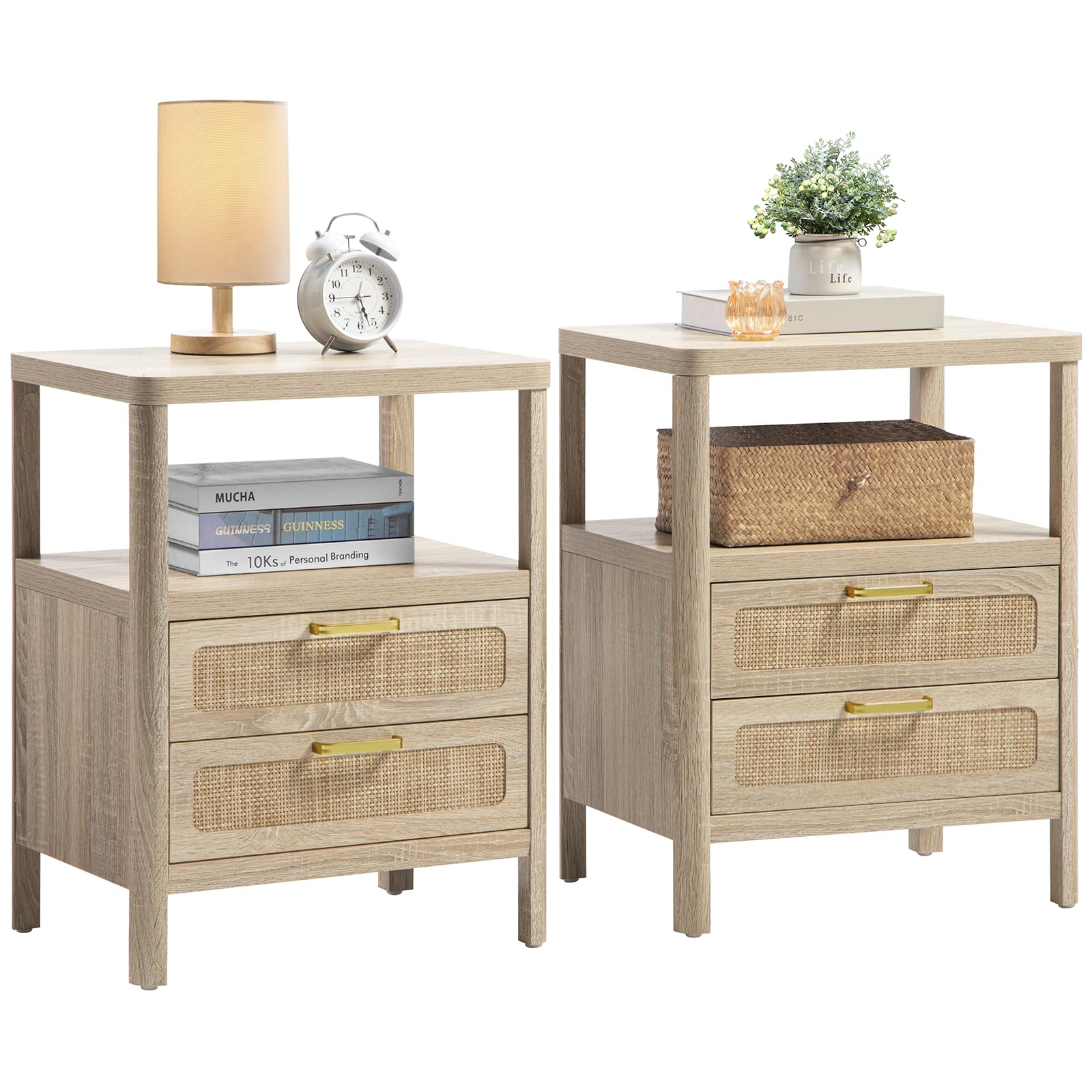 Nightstands Set of 2 - Rattan Night Stand Bedside Table with 2 Rattan Drawers