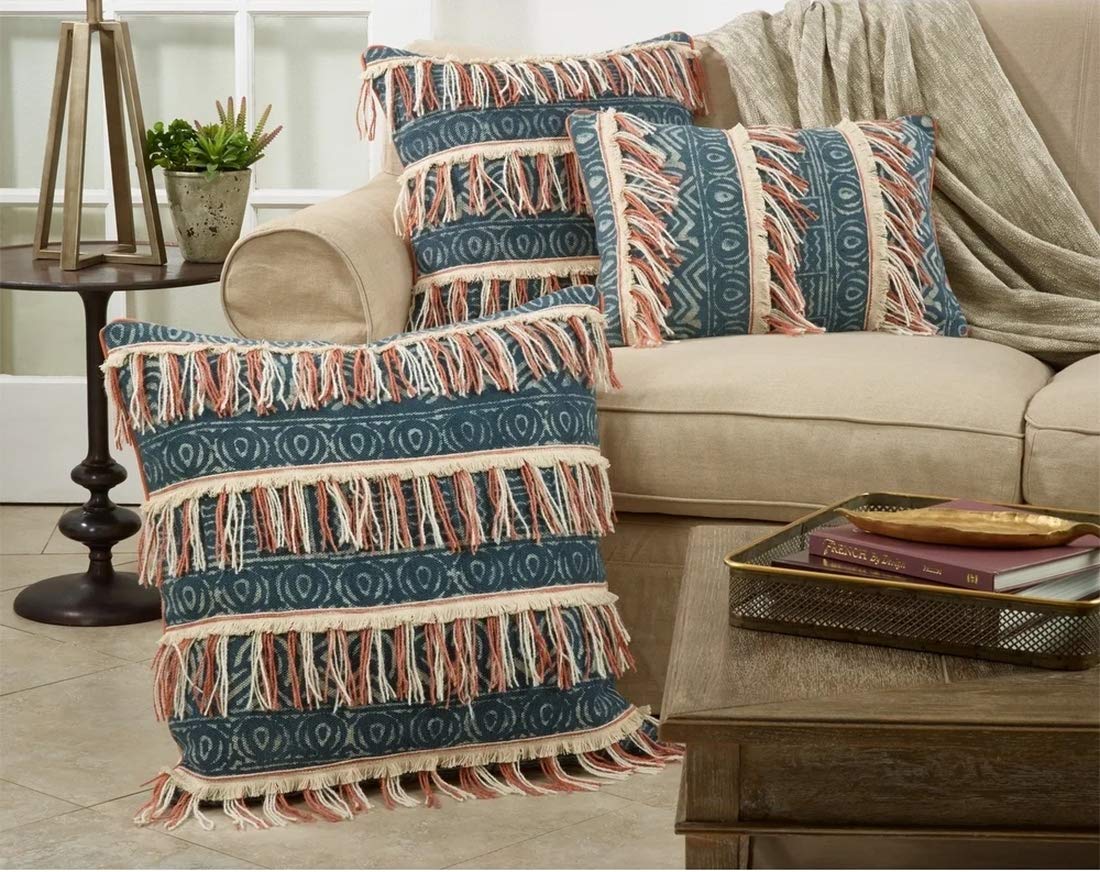 Bohemian Block Print Embroidered Fringe Throw Pillow – Blue Cotton