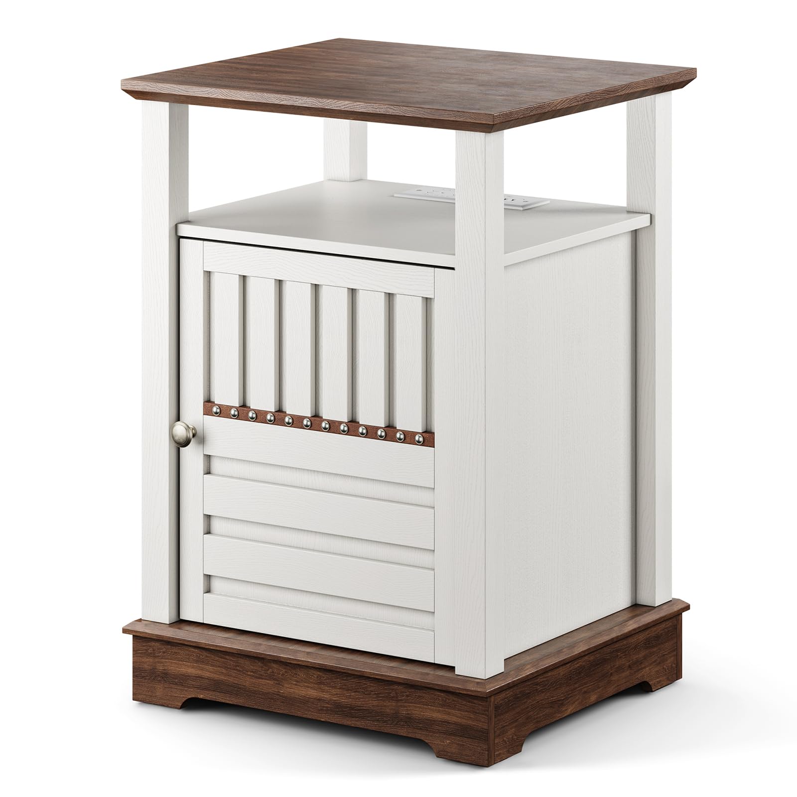 Farmhouse End Table with Charging Station, Rustic Nightstand w/Rivet Barn Door