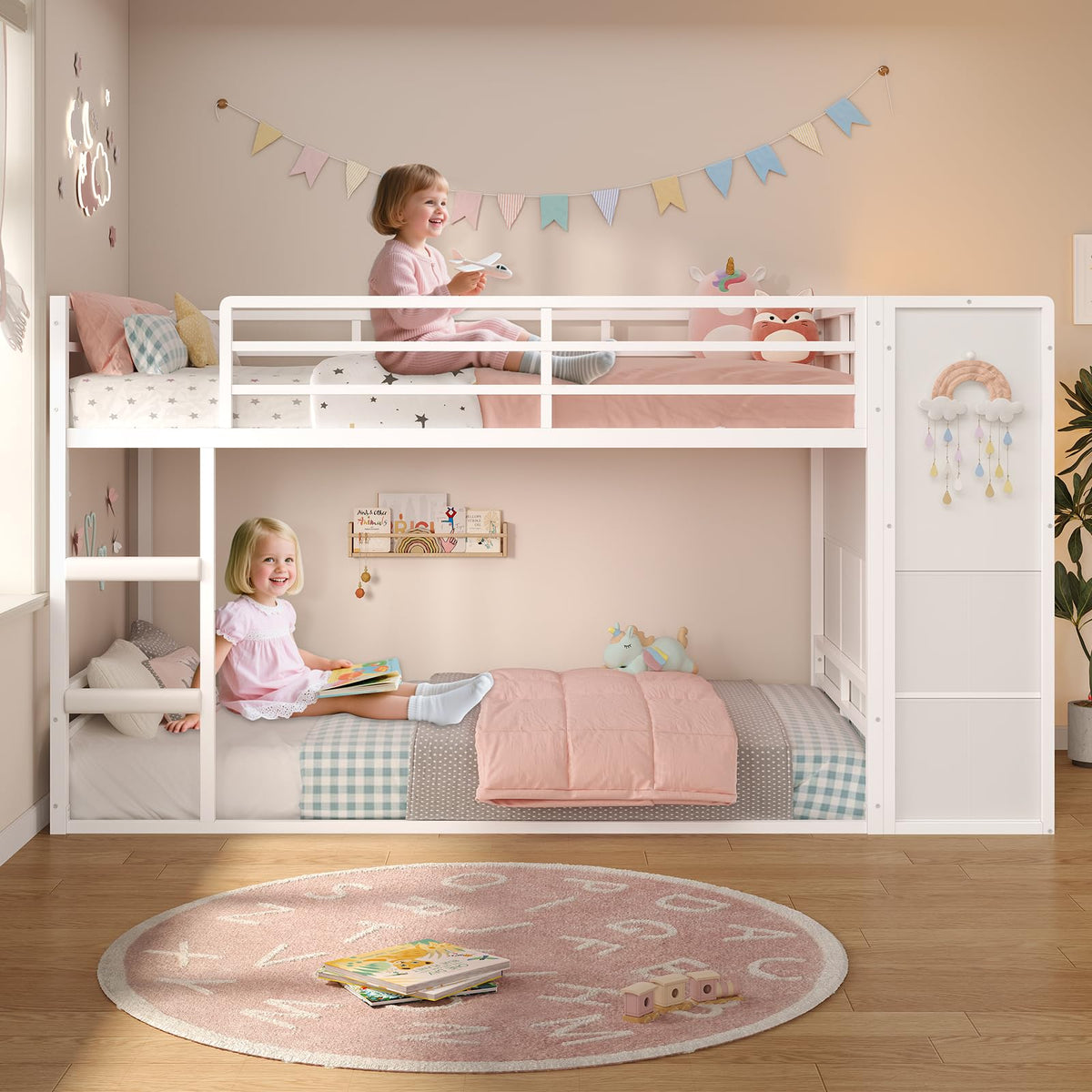 Twin Over Twin Bunk Bed with Storage & LED Lights