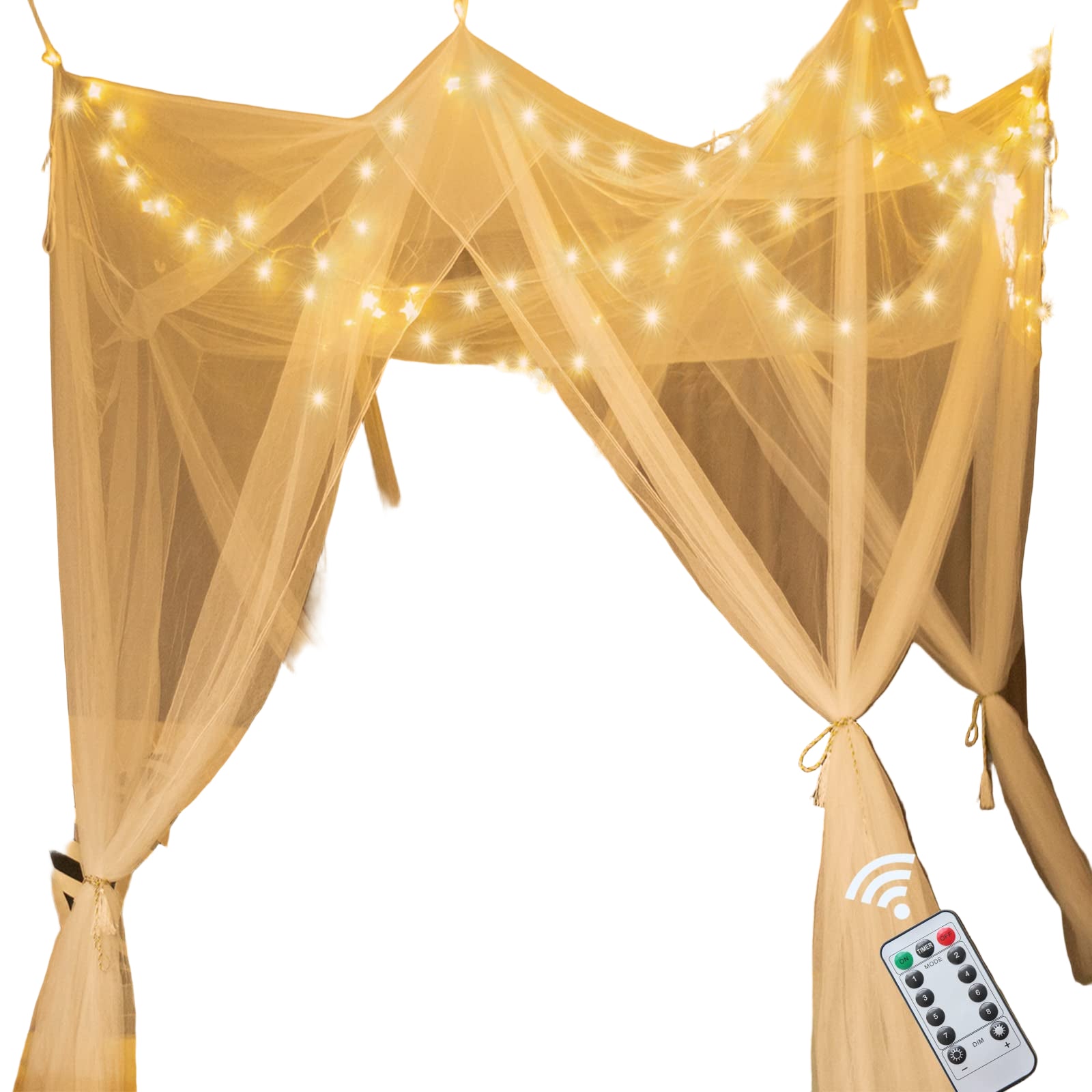 White Bed Canopy with Lights for Girls Bedroom Decor, 8 Corner Princess Canopy