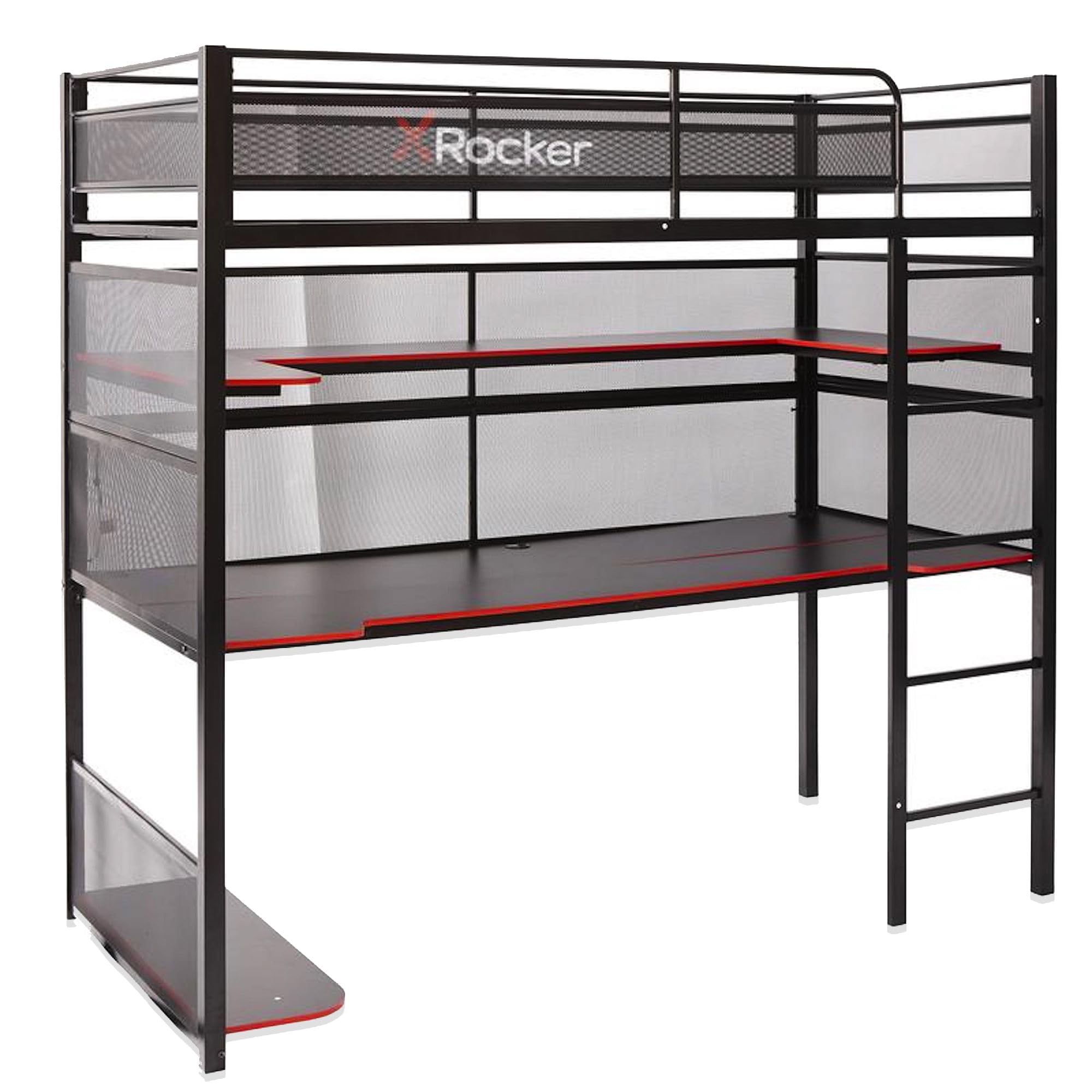 Gaming Bed, Twin Size Loft Bunk, Durable Black Metal Frame, Built-in Shelving