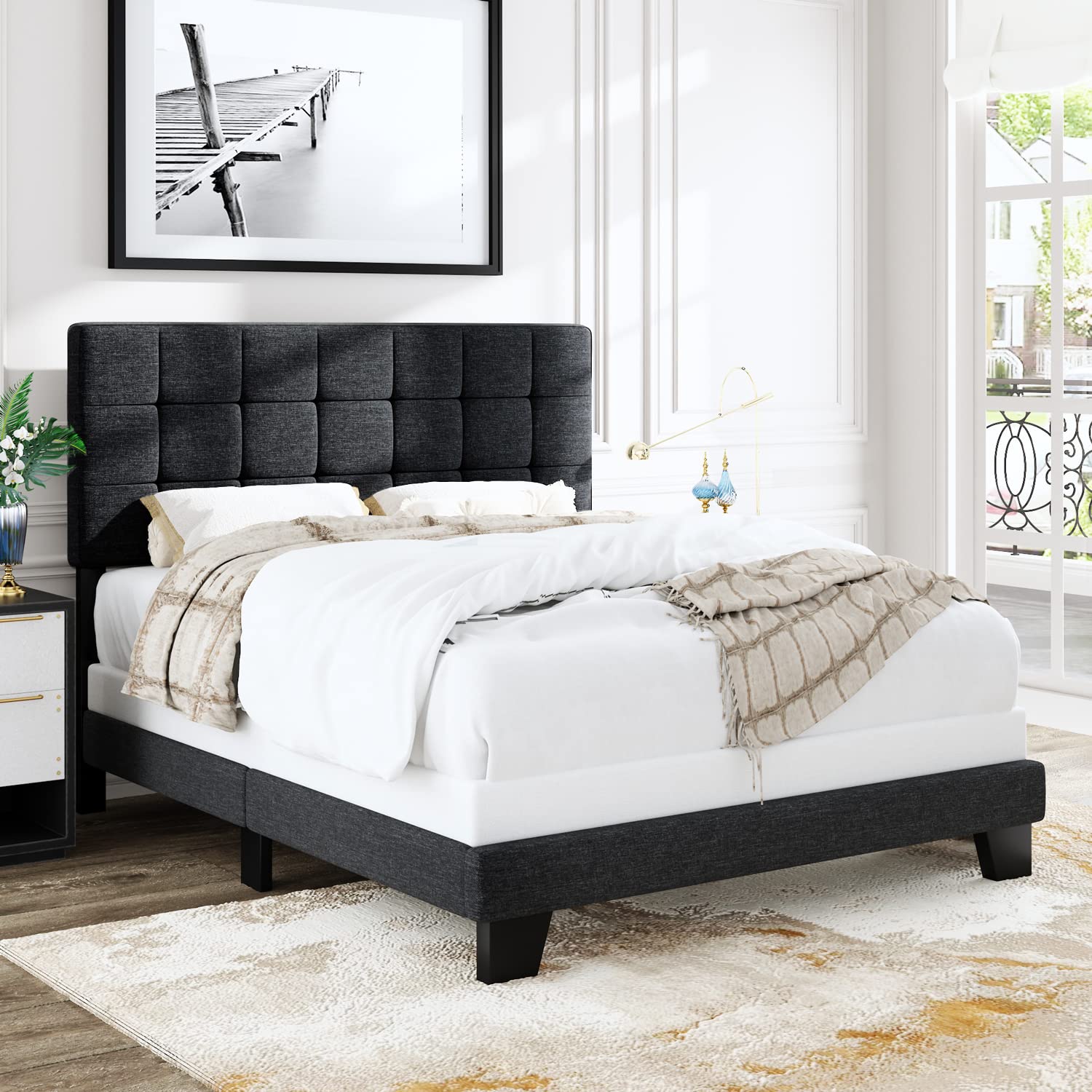 Full Size Panel Bed Frame with Adjustable Headboard for High Profile/Fabric