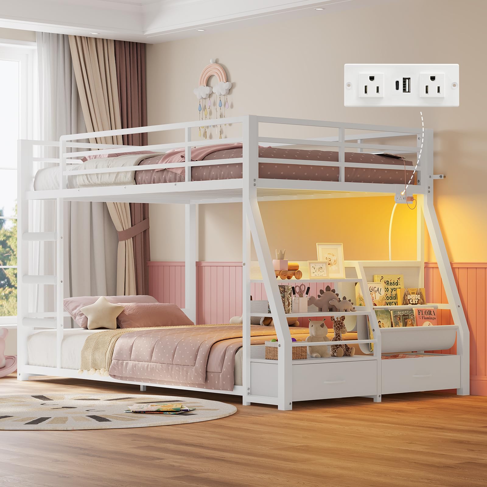 Low Bunk Bed Twin Over Twin with Sling Bookshelves, Storage