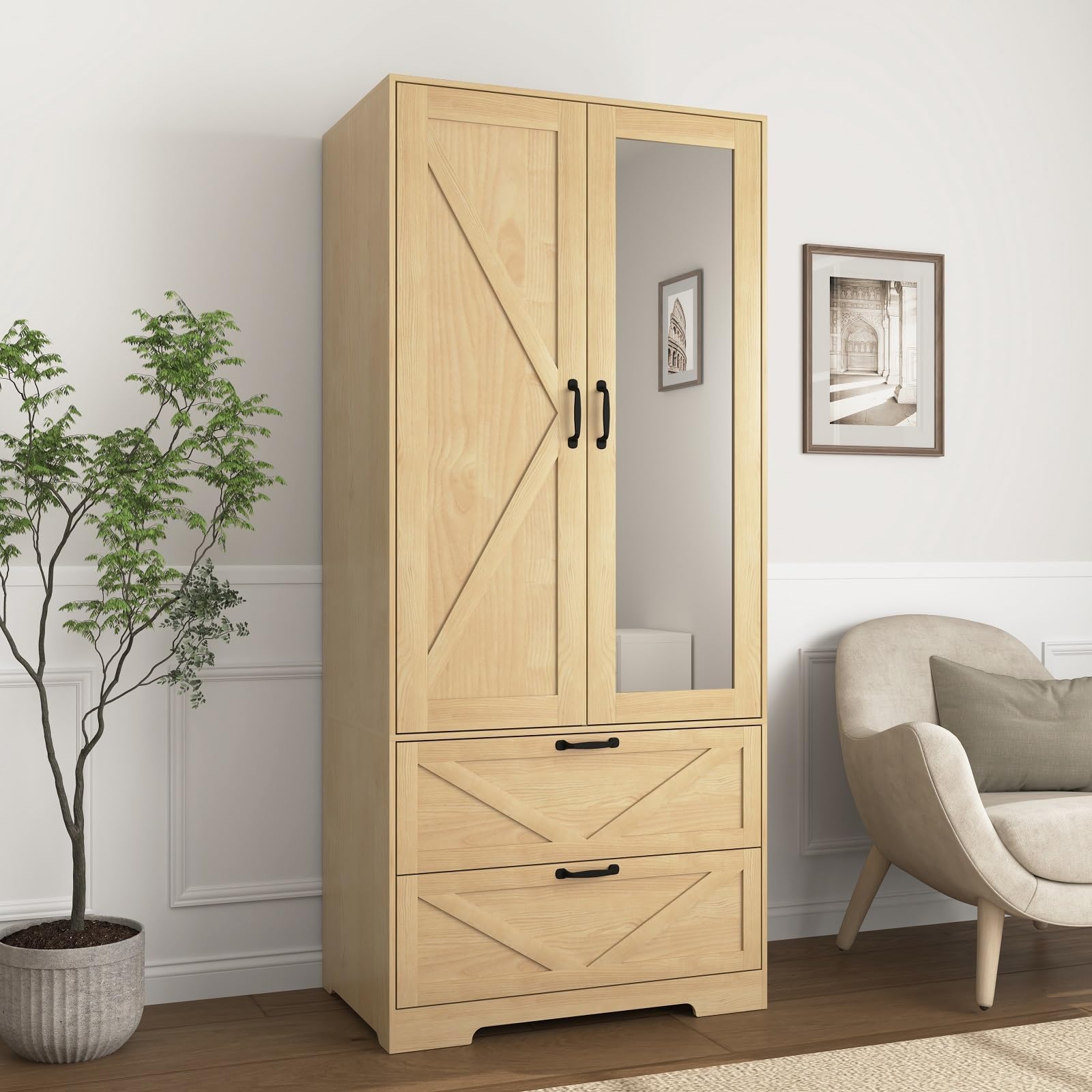 Closet, 72'' Wardrobe Cabinet with 2 Drawers & Mirror