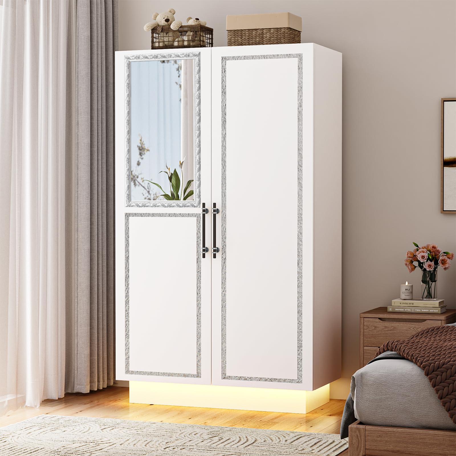 70” Large Capacity White Wooden Storage Cabinet with Mirror Doors
