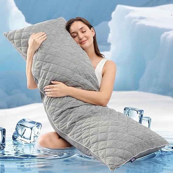Cooling Body Pillow for Adults Grey, Quilted Support Long Pillow