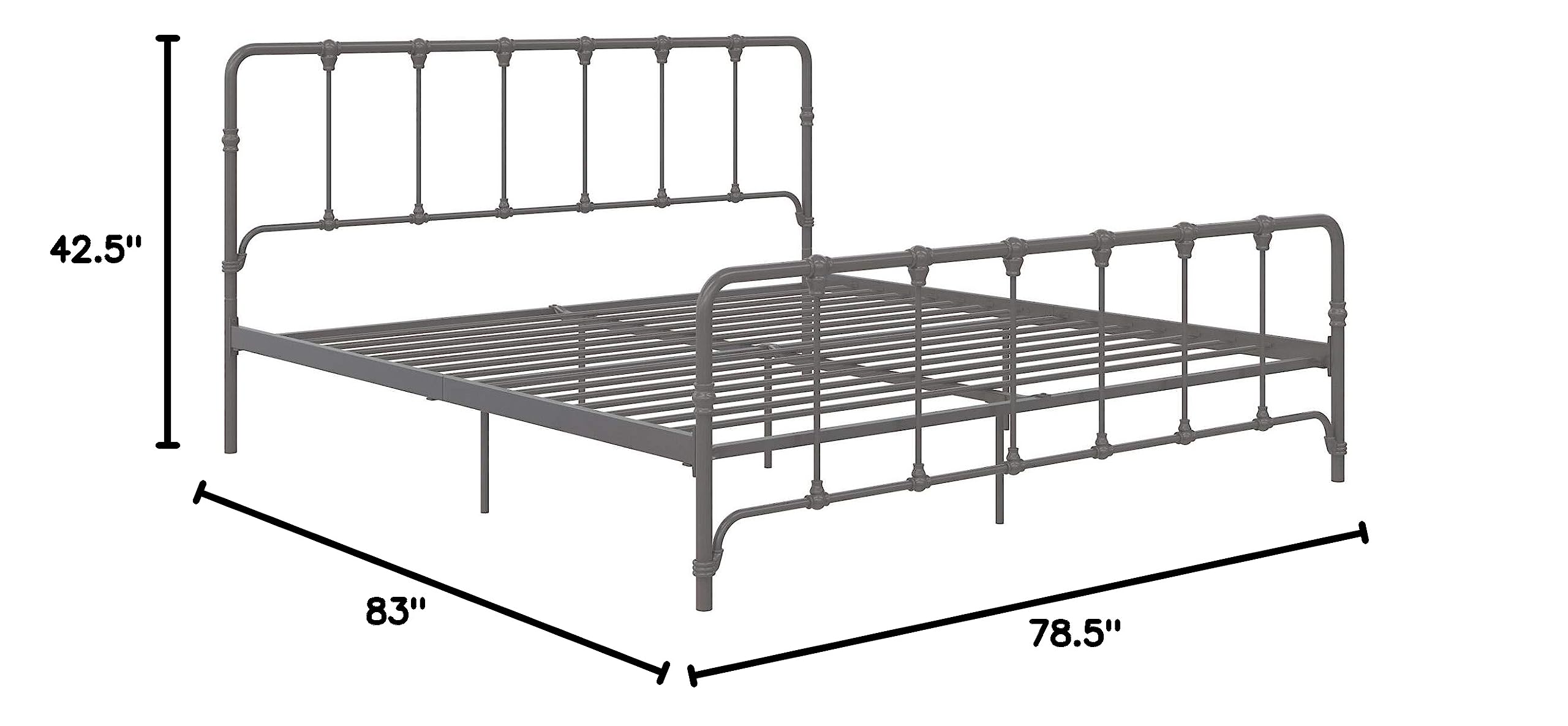 Lida Farmhouse Metal Bed Frame, Under Bed Storage, King Size, Gunmetal Grey