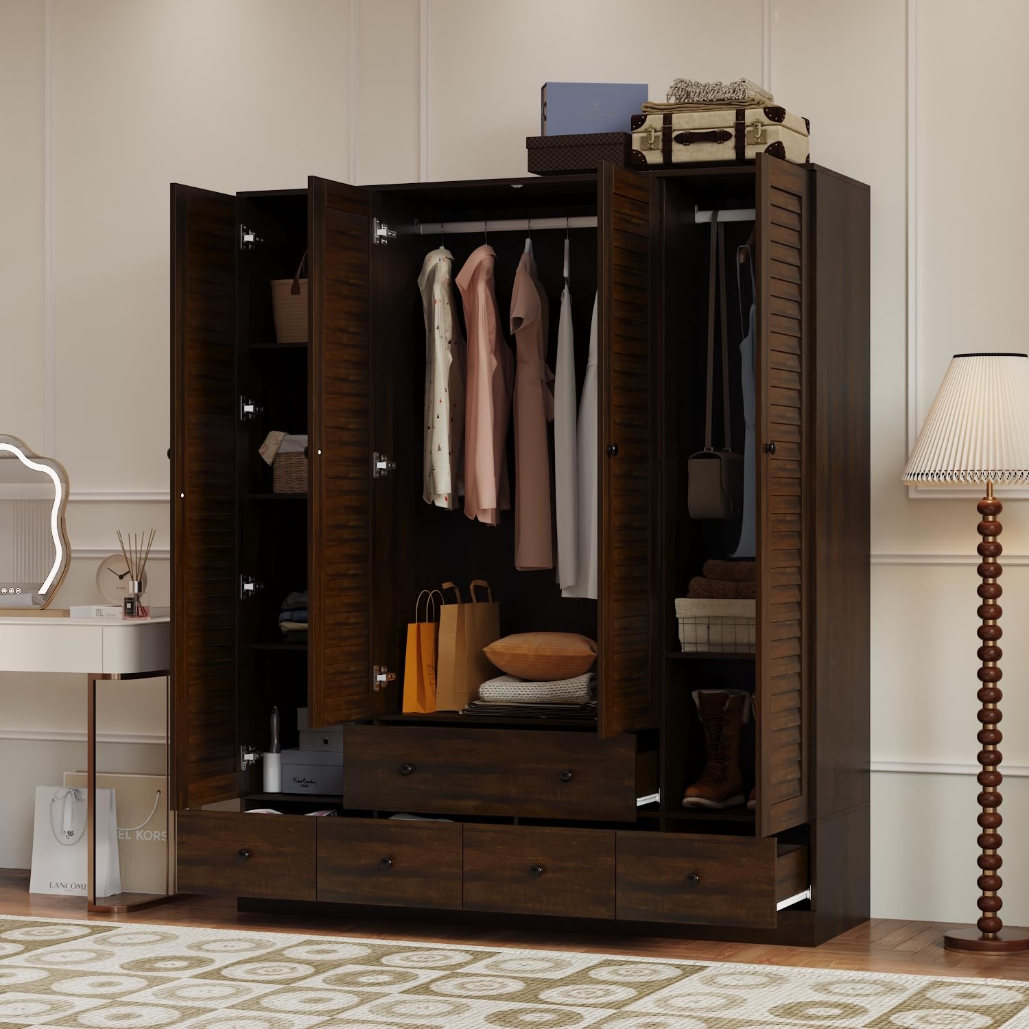 Wardrobe Armoire with 4 Louvered Doors, Wardrobe Closet for Bedroom