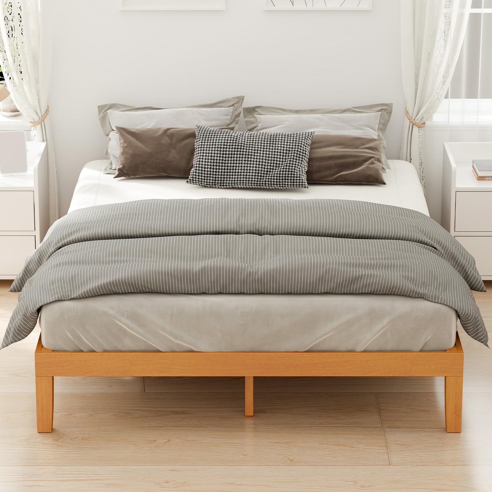 Wood Bed Frame Full Size, 12in Wooden Platform Bed Frame Mattress Foundation