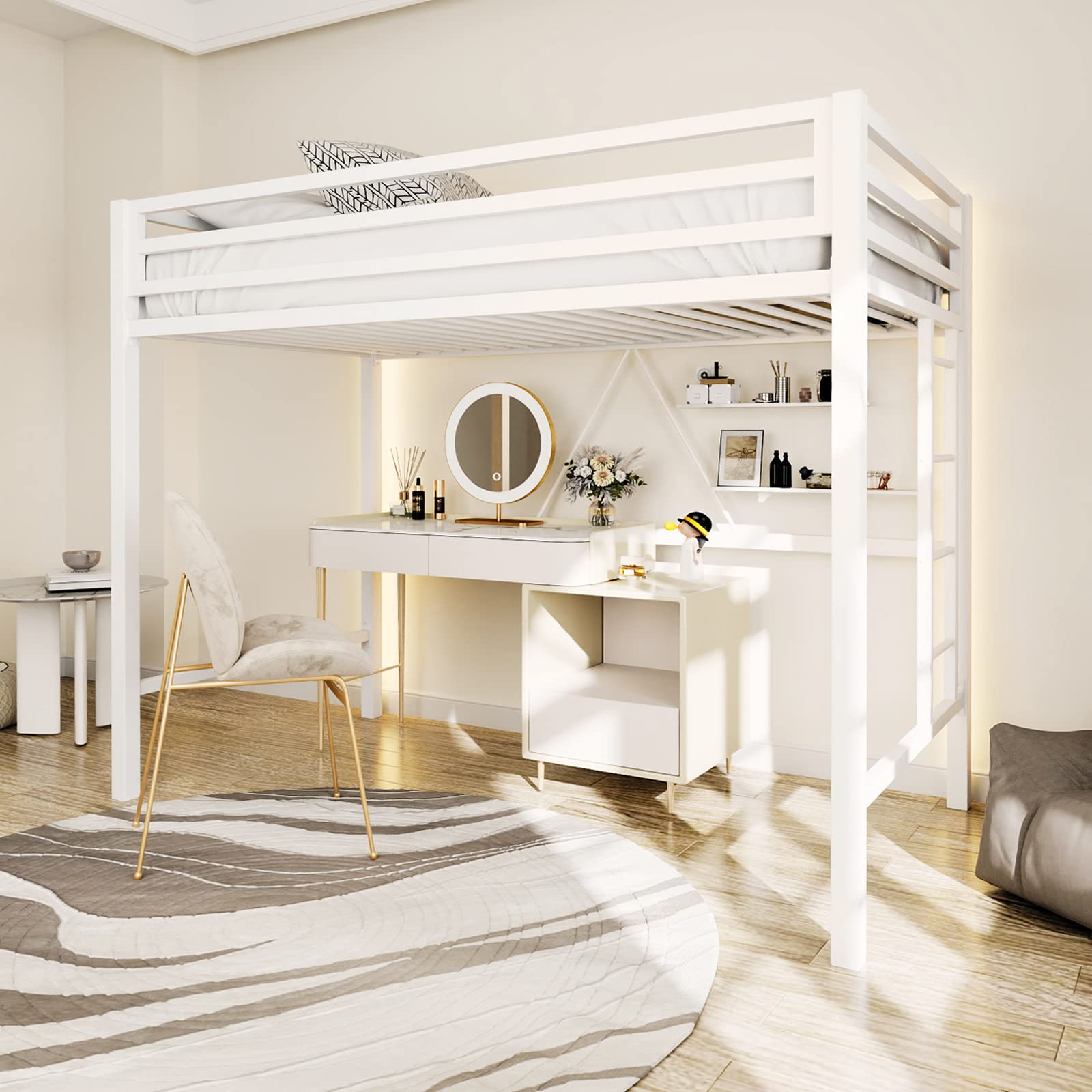 Loft Bed Twin Size with Safety Guardrail and Ladder